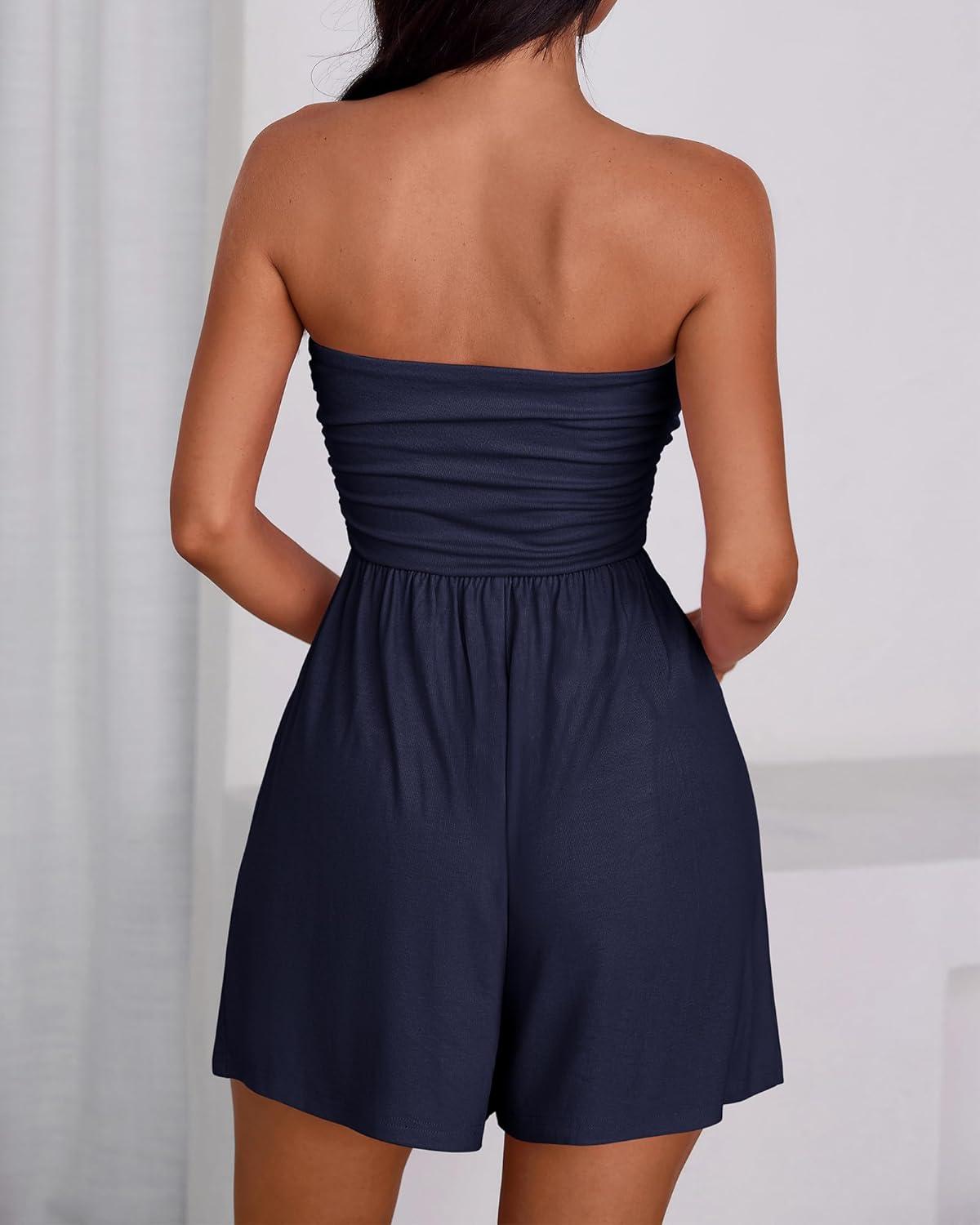 imageBTFBM Summer Womens Romper 2025 Strapless Tube Top Beach Vacation Clothes Ruffle Boho Loose Shorts Jumpsuits PocketsNavy Blue