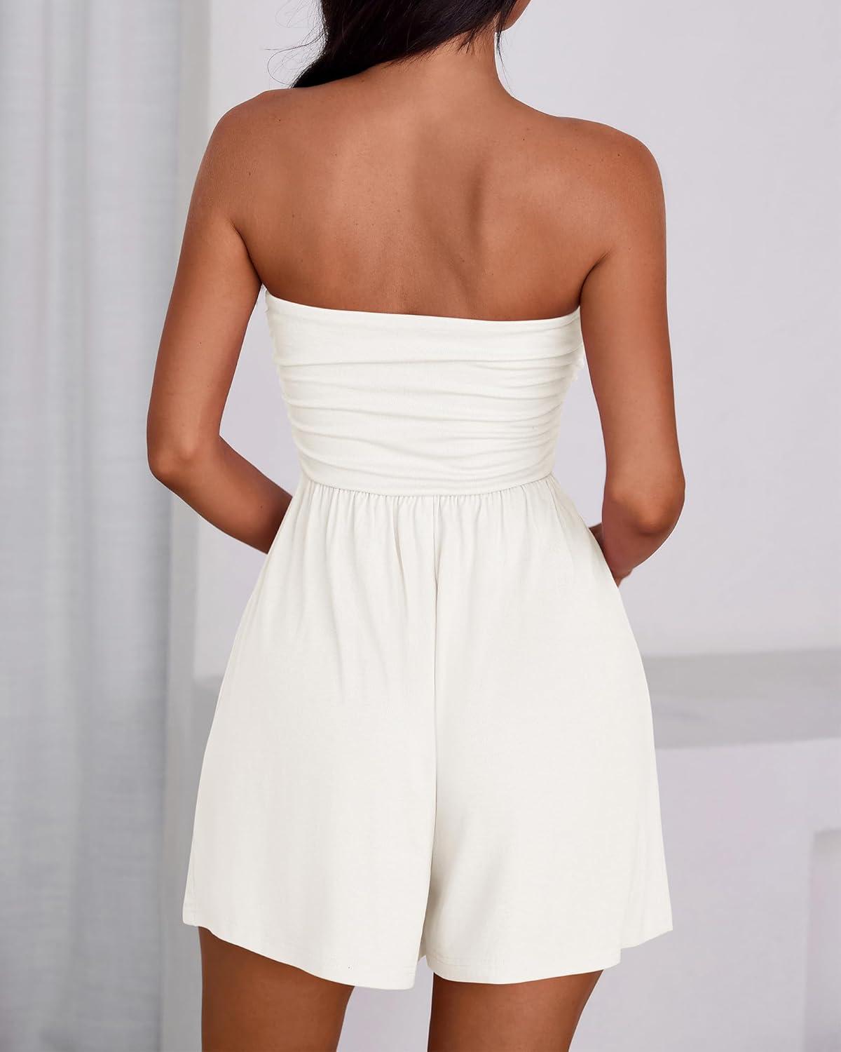 imageBTFBM Summer Womens Romper 2025 Strapless Tube Top Beach Vacation Clothes Ruffle Boho Loose Shorts Jumpsuits PocketsWhite