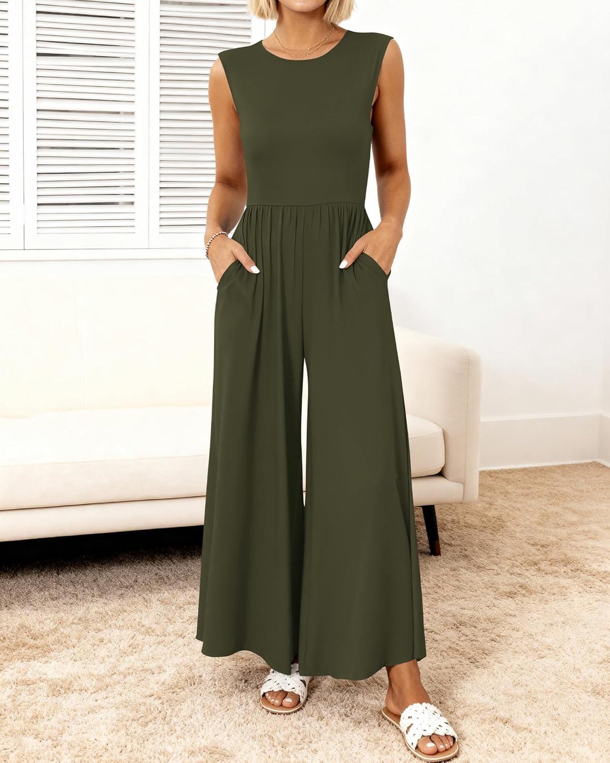 imageBTFBM Womens Casual Jumpsuits Dressy 2025 Summer One Piece Outfits Crew Neck Sleeveless Knit Wide Leg Pants Romper BeachArmy Green