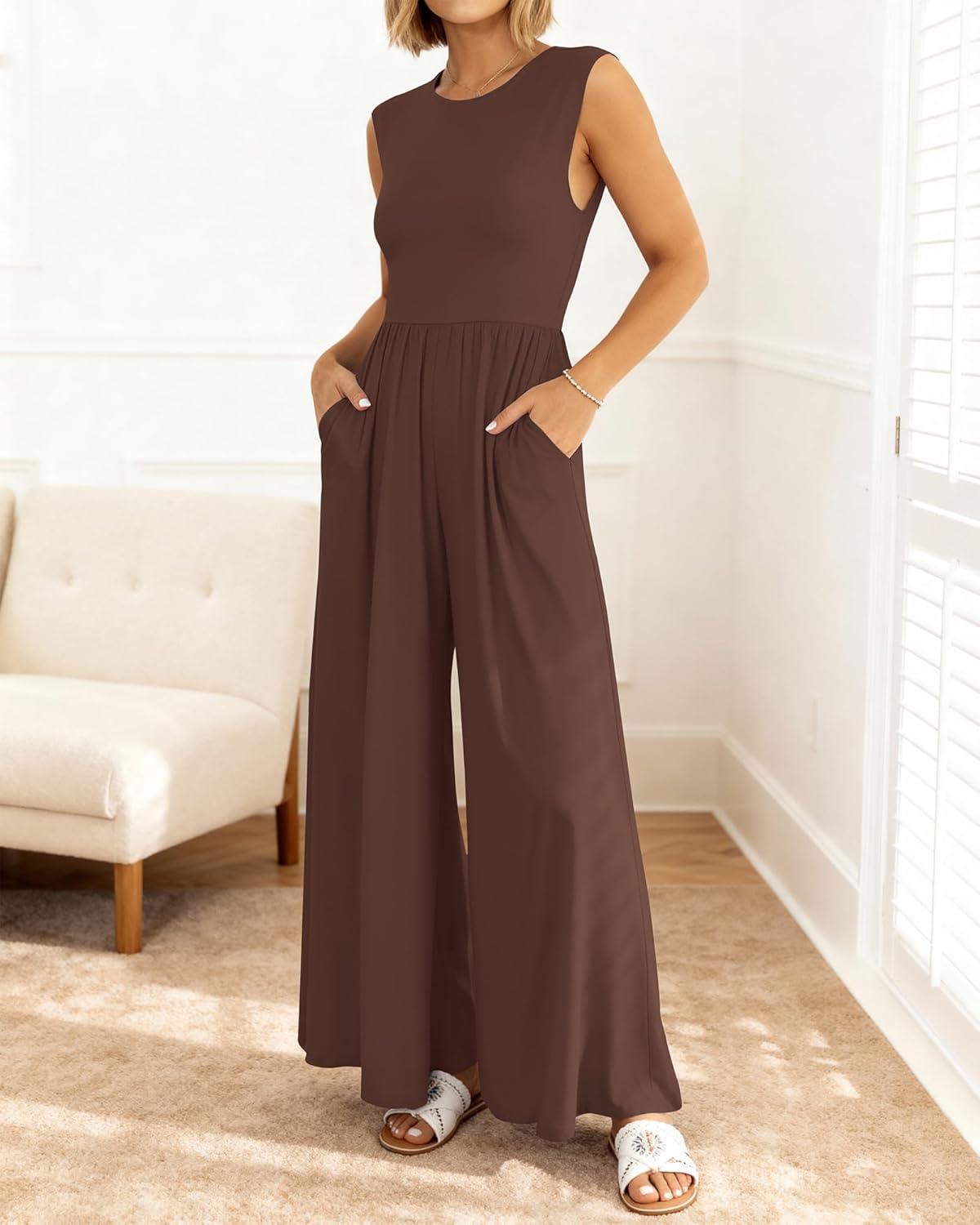 imageBTFBM Womens Casual Jumpsuits Dressy 2025 Summer One Piece Outfits Crew Neck Sleeveless Knit Wide Leg Pants Romper BeachCoffee