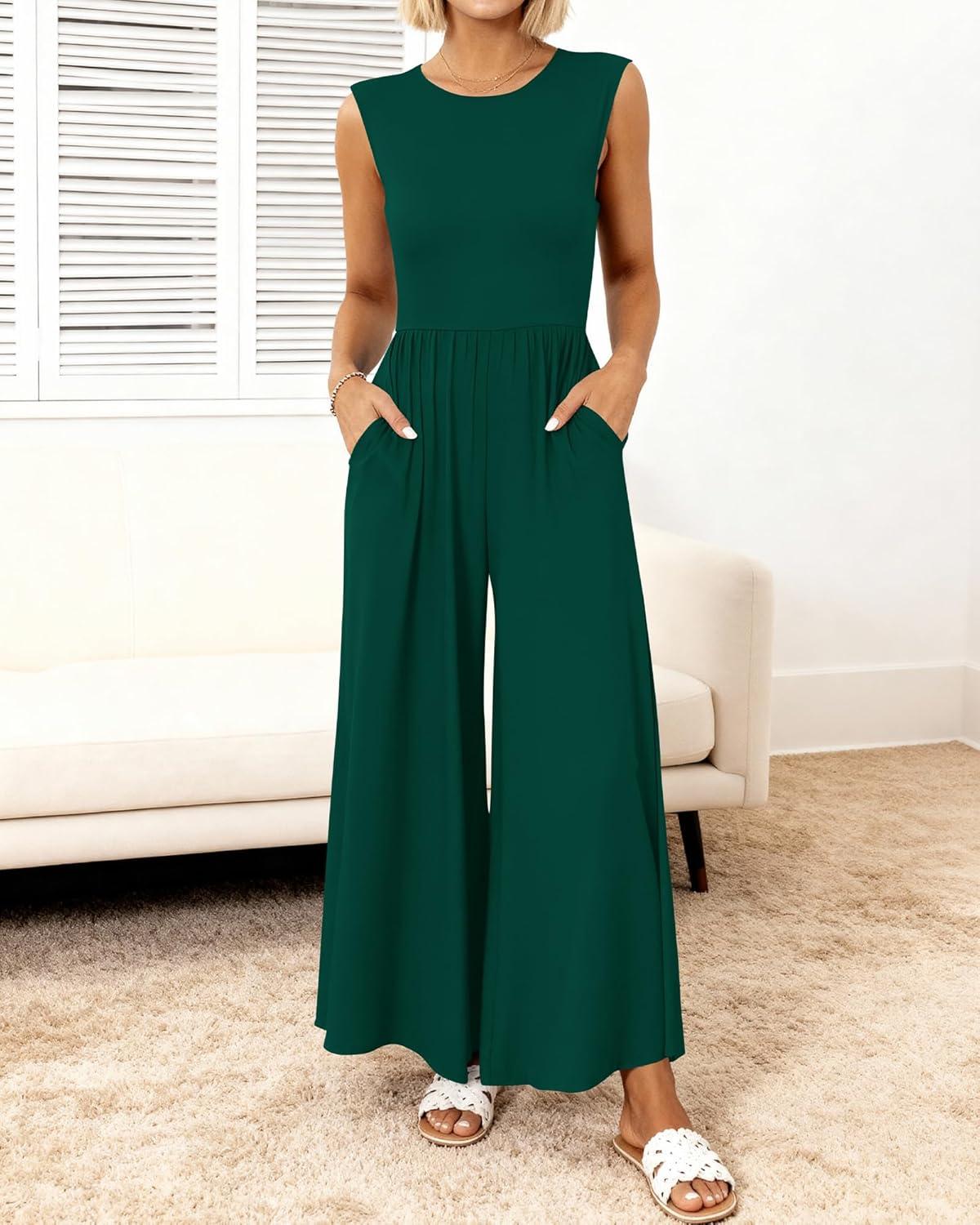 imageBTFBM Womens Casual Jumpsuits Dressy 2025 Summer One Piece Outfits Crew Neck Sleeveless Knit Wide Leg Pants Romper BeachDark Green