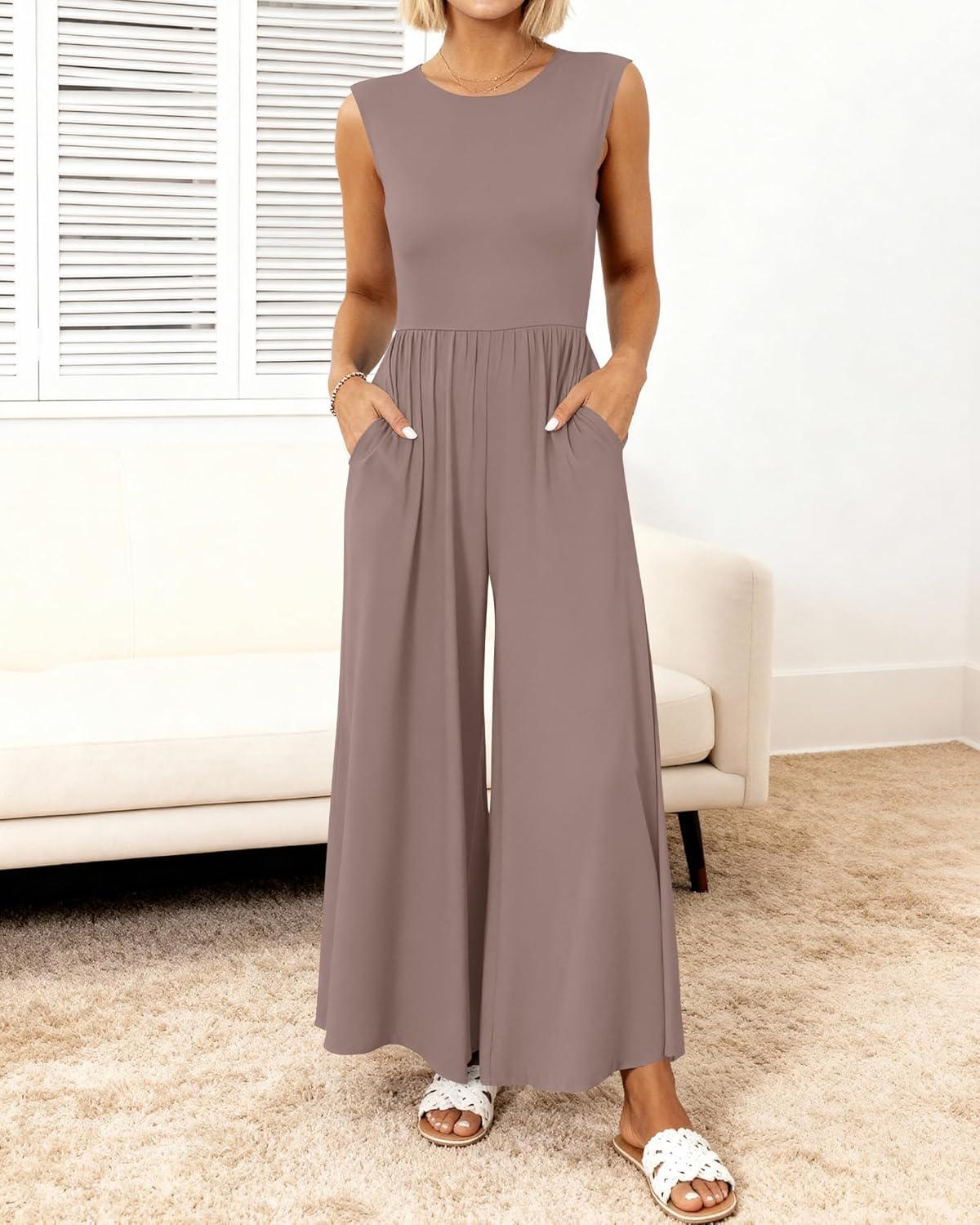 imageBTFBM Womens Casual Jumpsuits Dressy 2025 Summer One Piece Outfits Crew Neck Sleeveless Knit Wide Leg Pants Romper BeachLight Coffee