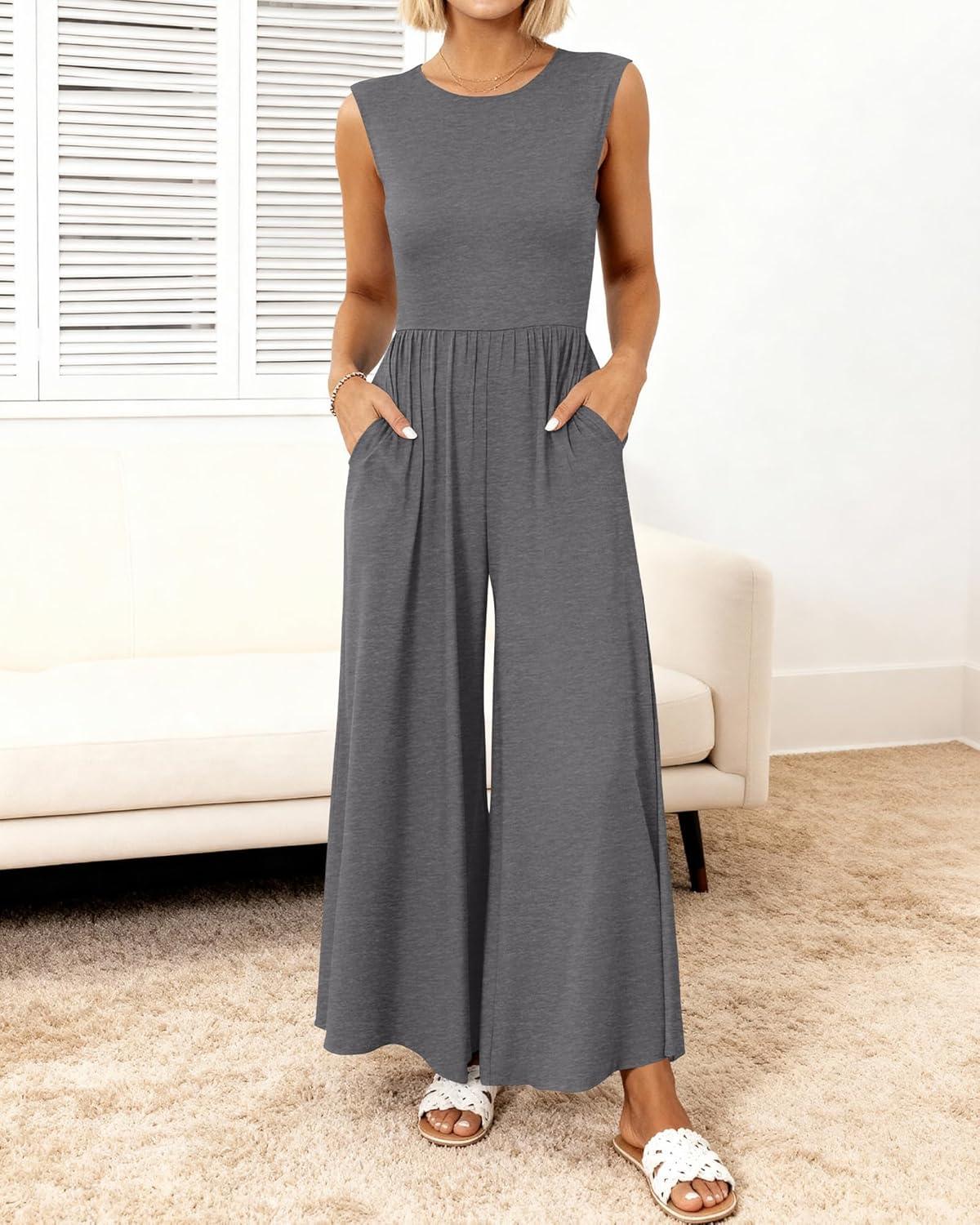 imageBTFBM Womens Casual Jumpsuits Dressy 2025 Summer One Piece Outfits Crew Neck Sleeveless Knit Wide Leg Pants Romper BeachMid Grey
