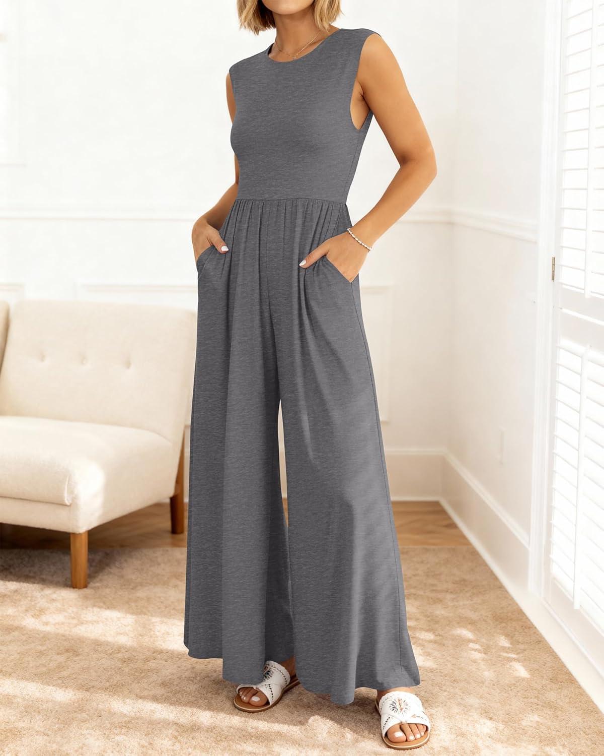 imageBTFBM Womens Casual Jumpsuits Dressy 2025 Summer One Piece Outfits Crew Neck Sleeveless Knit Wide Leg Pants Romper BeachMid Grey