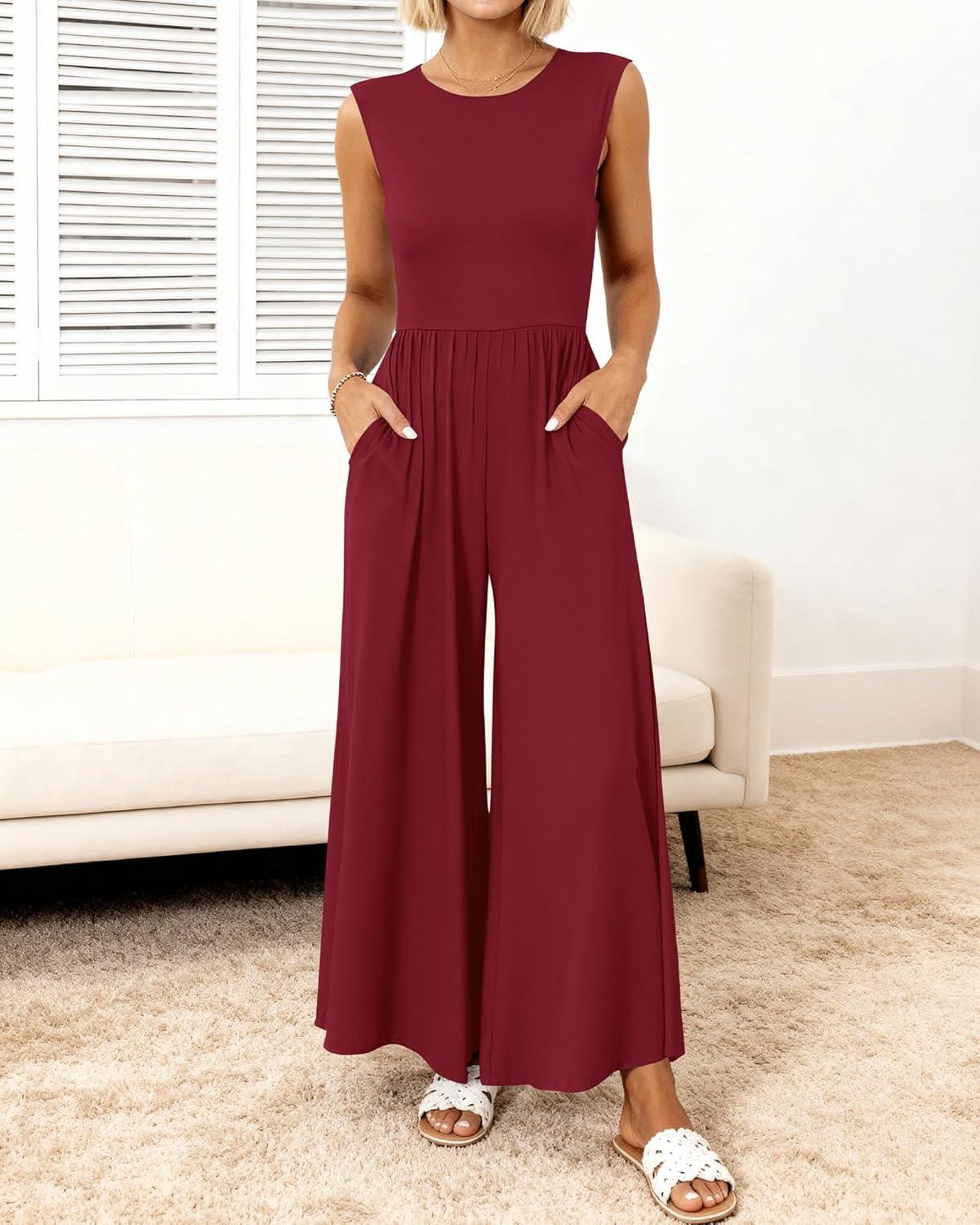 imageBTFBM Womens Casual Jumpsuits Dressy 2025 Summer One Piece Outfits Crew Neck Sleeveless Knit Wide Leg Pants Romper BeachWine Red