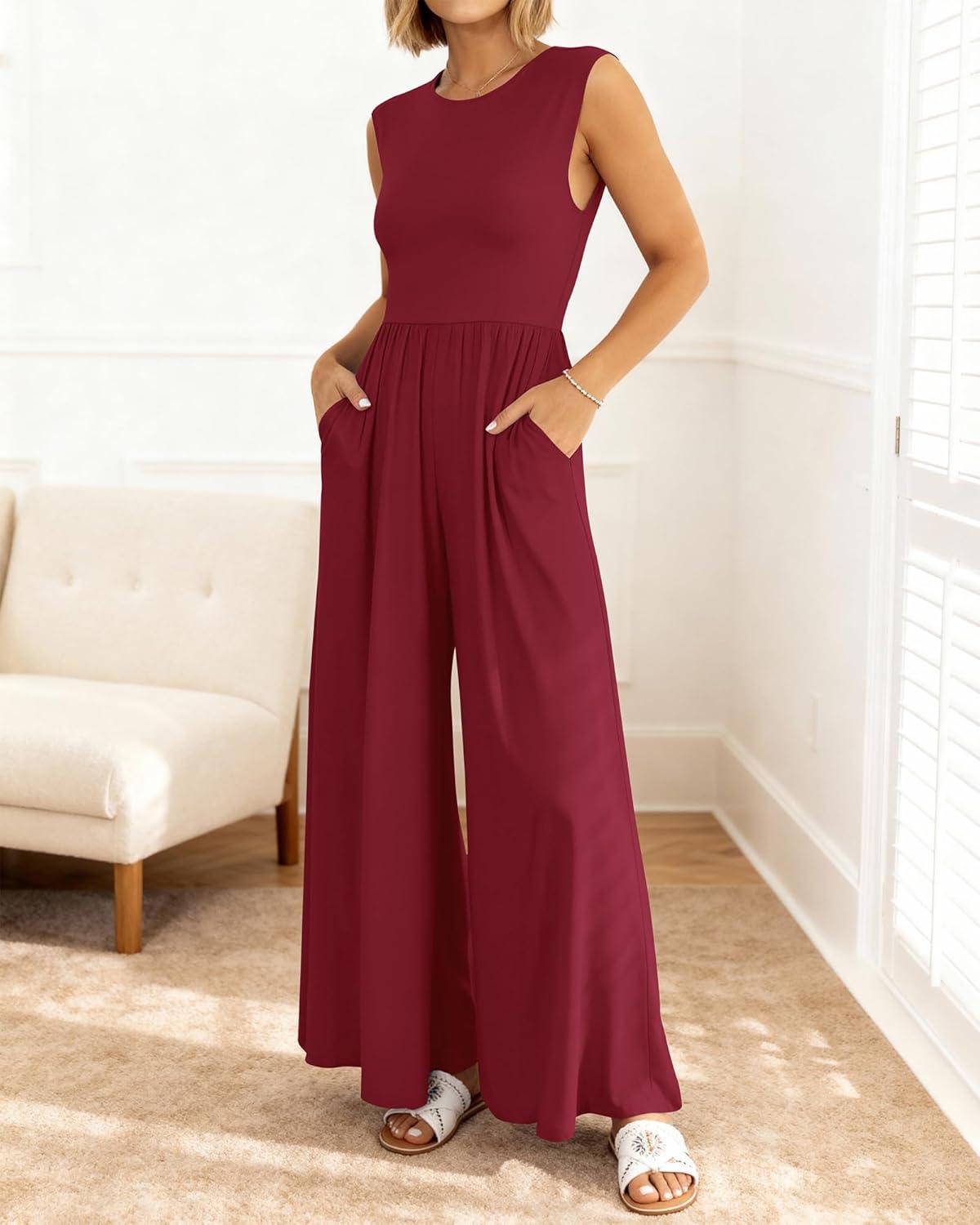 imageBTFBM Womens Casual Jumpsuits Dressy 2025 Summer One Piece Outfits Crew Neck Sleeveless Knit Wide Leg Pants Romper BeachWine Red