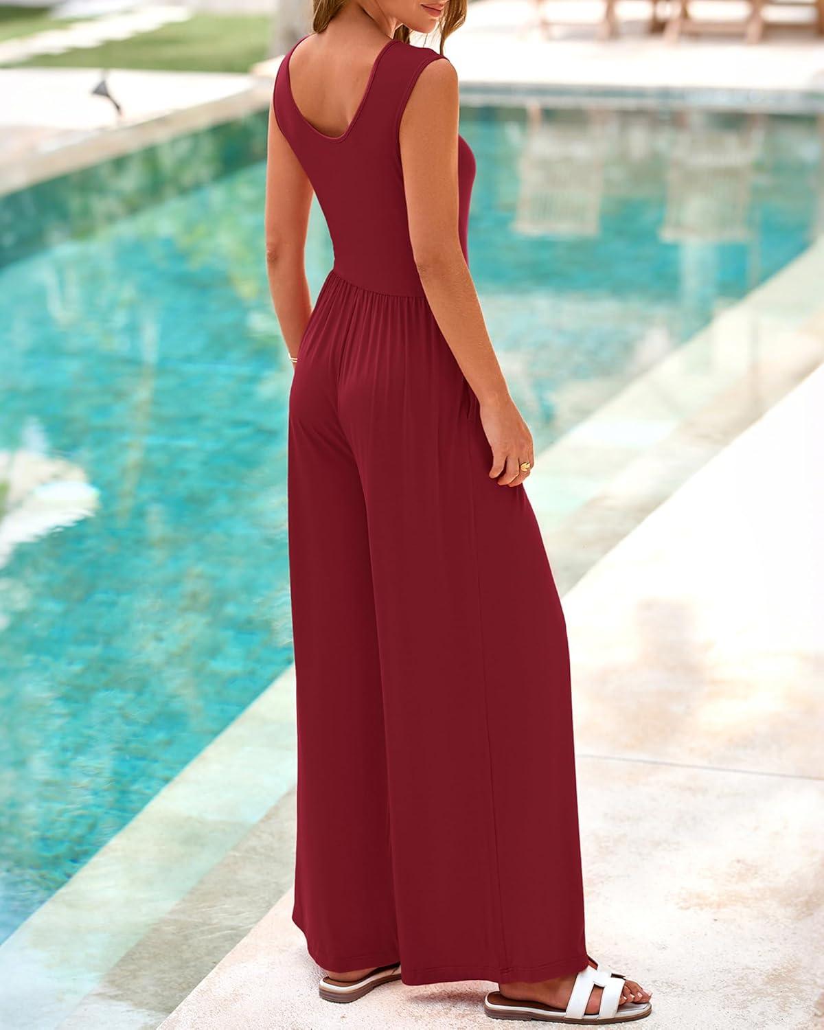 imageBTFBM Womens Casual Jumpsuits Dressy 2025 Summer One Piece Outfits Crew Neck Sleeveless Knit Wide Leg Pants Romper BeachWine Red