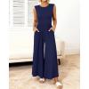 imageBTFBM Womens Casual Jumpsuits Dressy 2025 Summer One Piece Outfits Crew Neck Sleeveless Knit Wide Leg Pants Romper BeachNavy