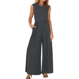 imageBTFBM Womens Casual Jumpsuits Dressy 2025 Summer One Piece Outfits Crew Neck Sleeveless Knit Wide Leg Pants Romper BeachDark Grey