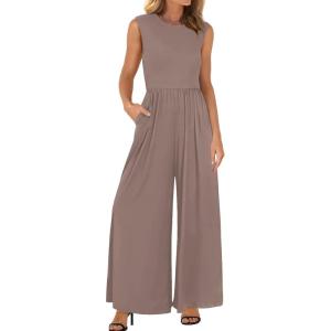 imageBTFBM Womens Casual Jumpsuits Dressy 2025 Summer One Piece Outfits Crew Neck Sleeveless Knit Wide Leg Pants Romper BeachLight Coffee
