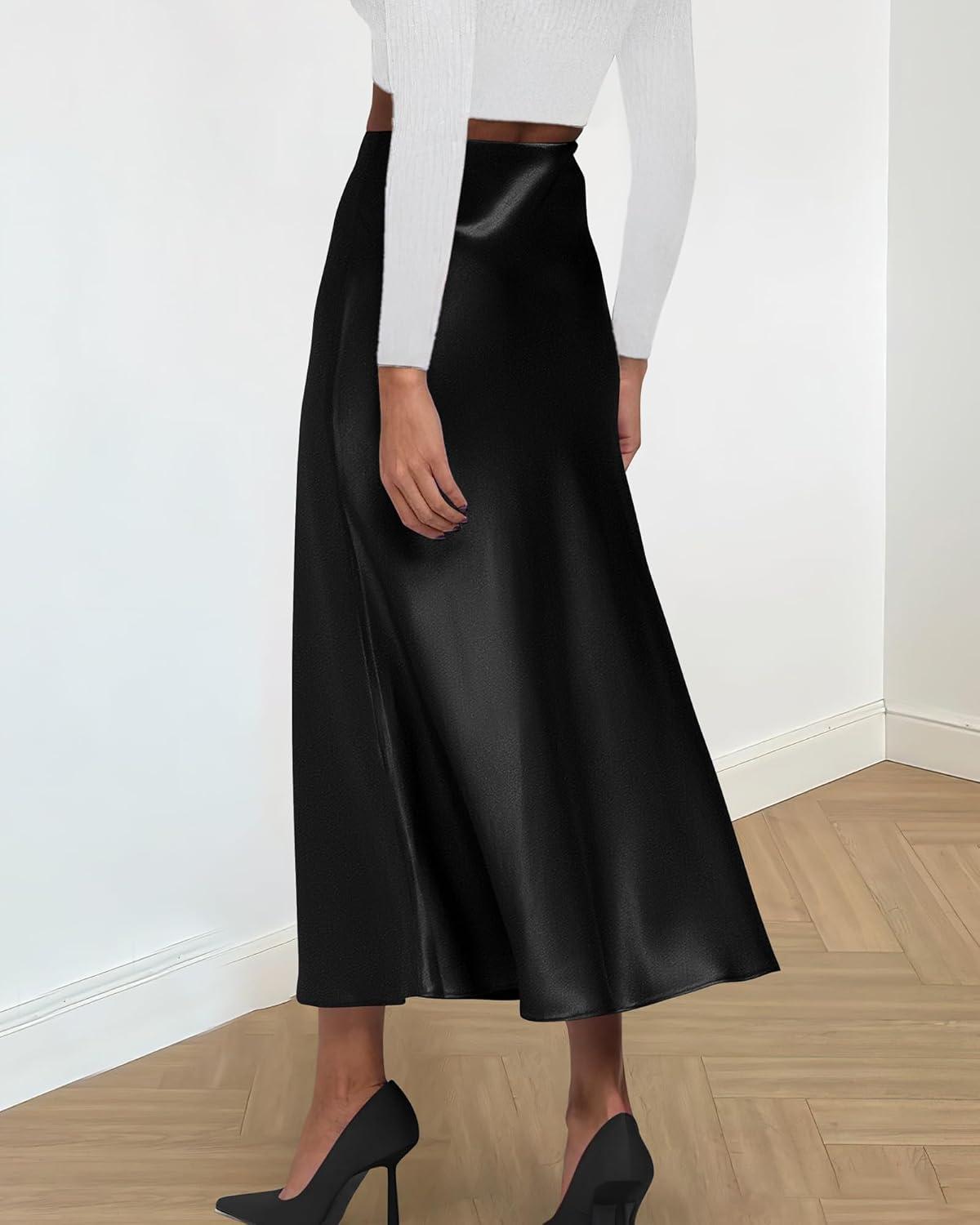 imageBTFBM 2025 Womens Summer Fall Long Satin Skirt Silk Elegant High Waist Cocktail Party Wedding Flowy ALine Midi SkirtsBlack