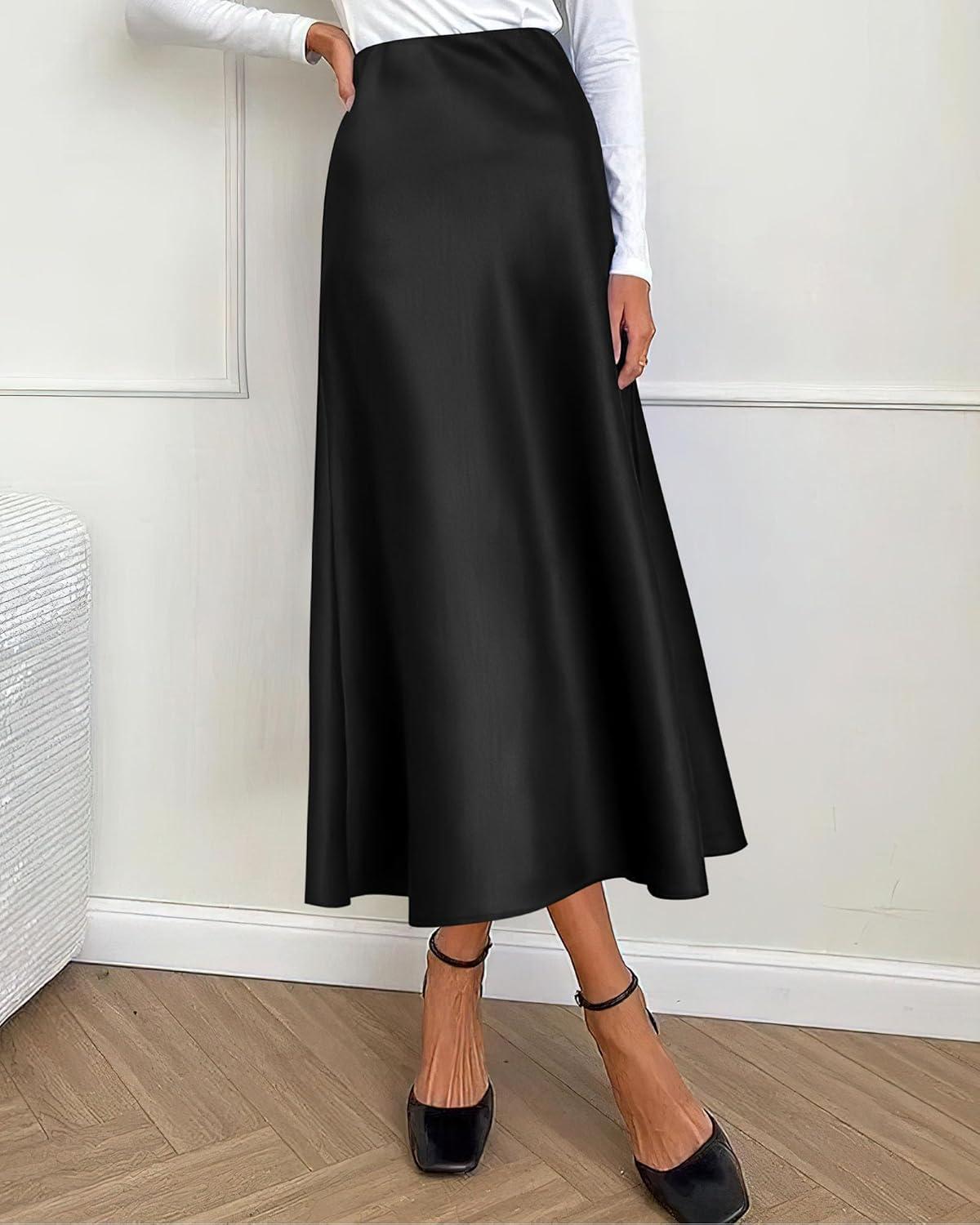 imageBTFBM 2025 Womens Summer Fall Long Satin Skirt Silk Elegant High Waist Cocktail Party Wedding Flowy ALine Midi SkirtsBlack