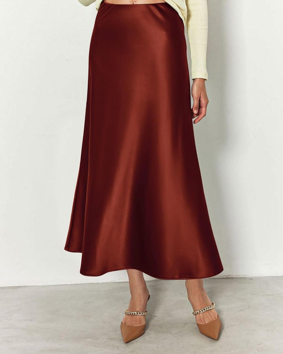 imageBTFBM 2025 Womens Summer Fall Long Satin Skirt Silk Elegant High Waist Cocktail Party Wedding Flowy ALine Midi SkirtsBrown