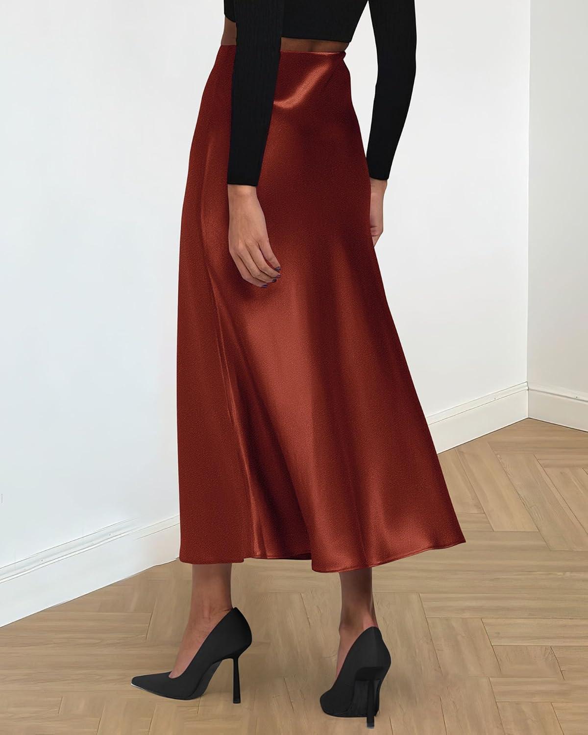 imageBTFBM 2025 Womens Summer Fall Long Satin Skirt Silk Elegant High Waist Cocktail Party Wedding Flowy ALine Midi SkirtsBrown