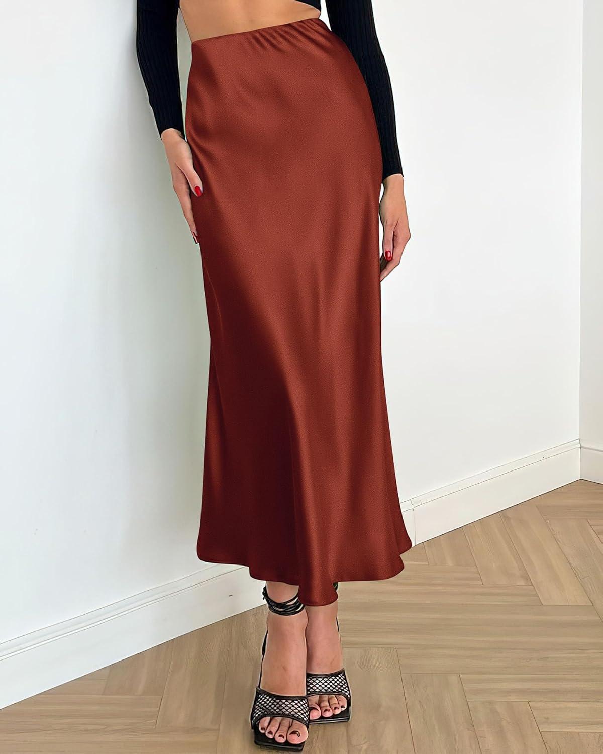 imageBTFBM 2025 Womens Summer Fall Long Satin Skirt Silk Elegant High Waist Cocktail Party Wedding Flowy ALine Midi SkirtsBrown