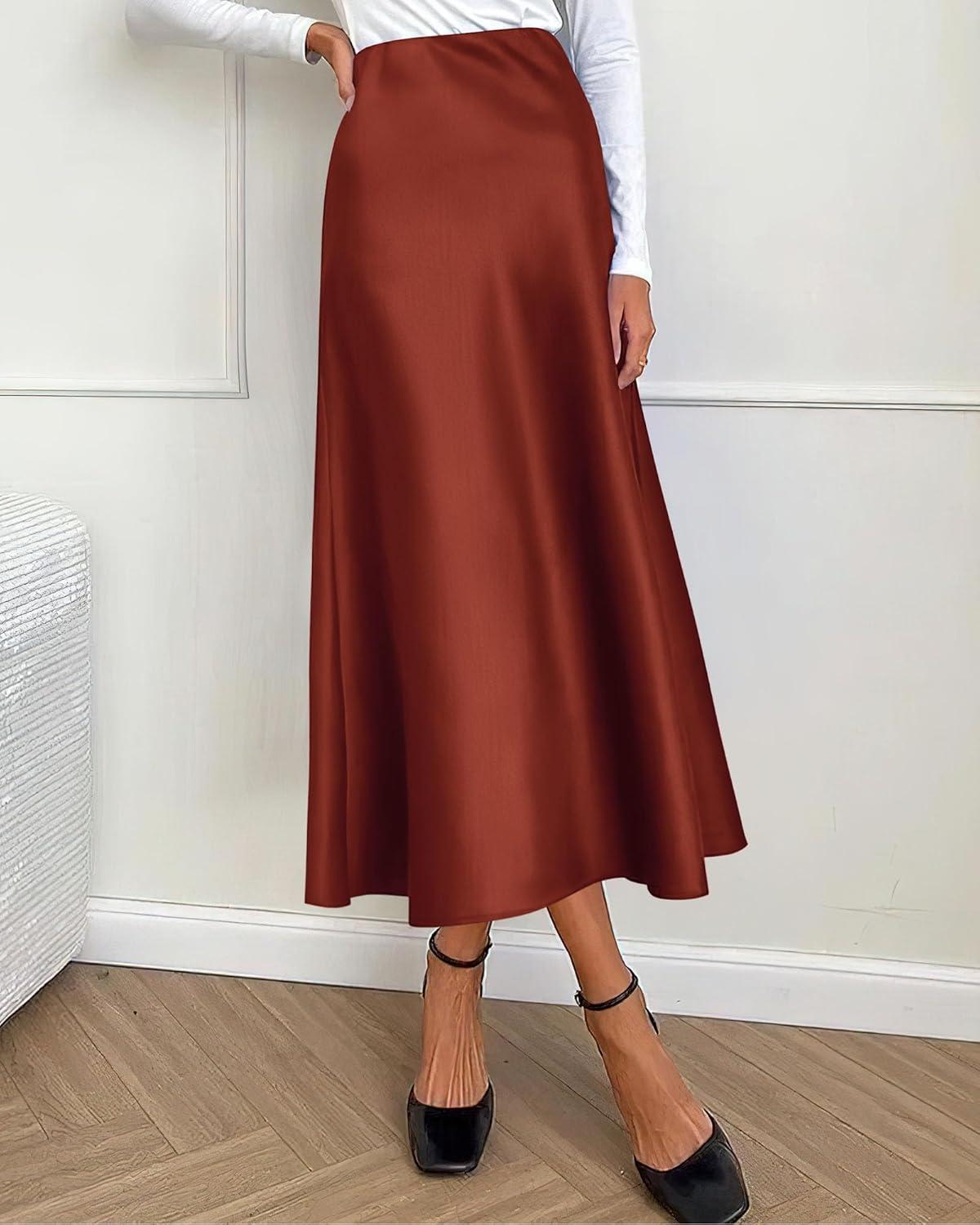 imageBTFBM 2025 Womens Summer Fall Long Satin Skirt Silk Elegant High Waist Cocktail Party Wedding Flowy ALine Midi SkirtsBrown