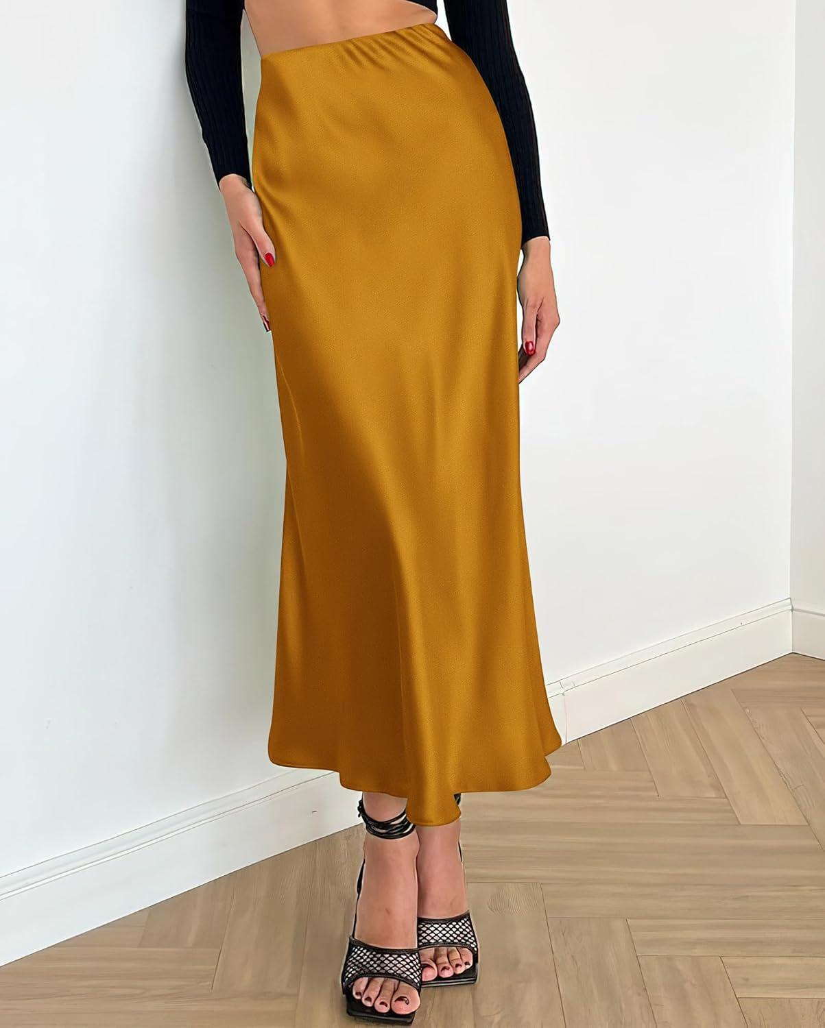 imageBTFBM 2025 Womens Summer Fall Long Satin Skirt Silk Elegant High Waist Cocktail Party Wedding Flowy ALine Midi SkirtsBrown Yellow