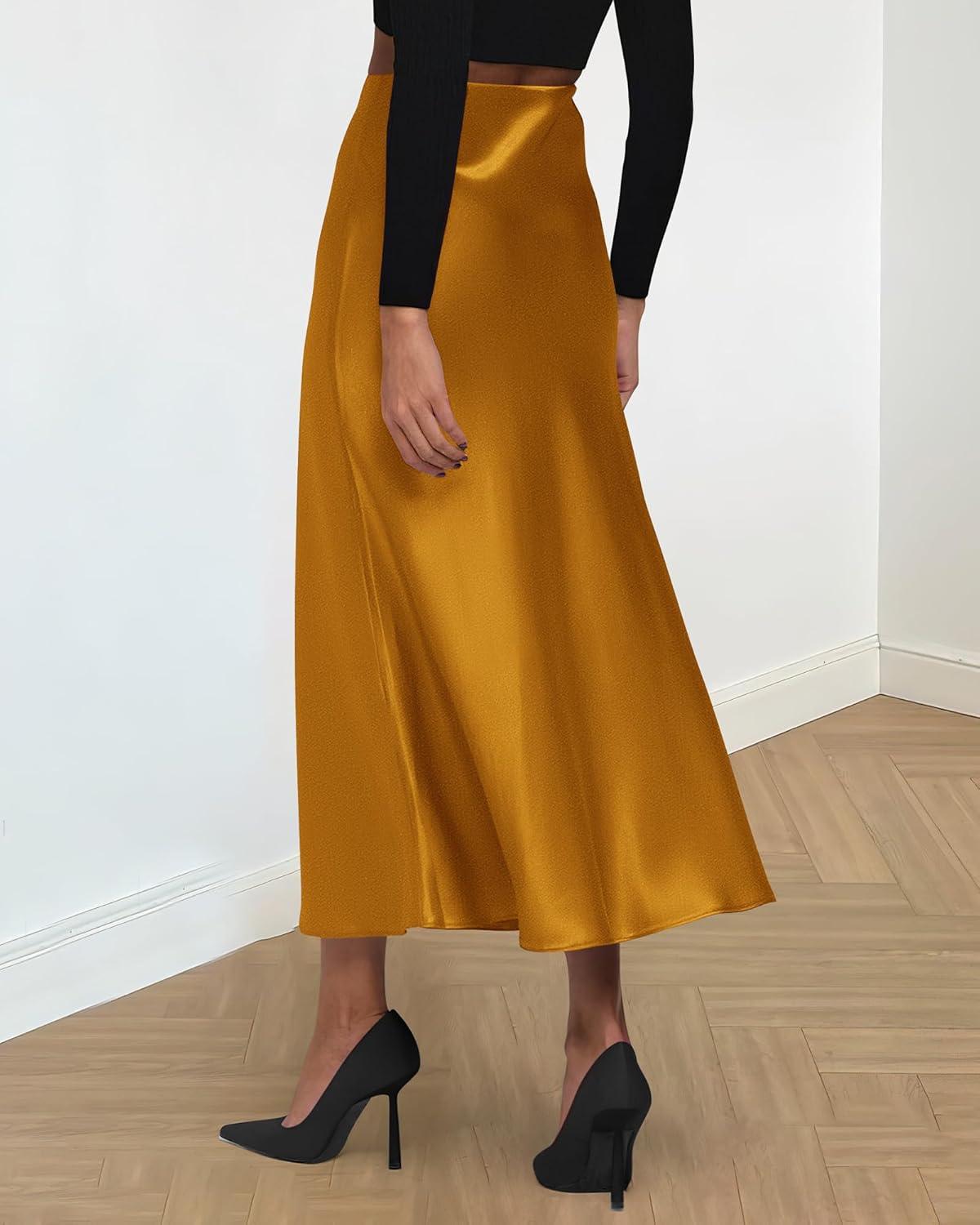 imageBTFBM 2025 Womens Summer Fall Long Satin Skirt Silk Elegant High Waist Cocktail Party Wedding Flowy ALine Midi SkirtsBrown Yellow