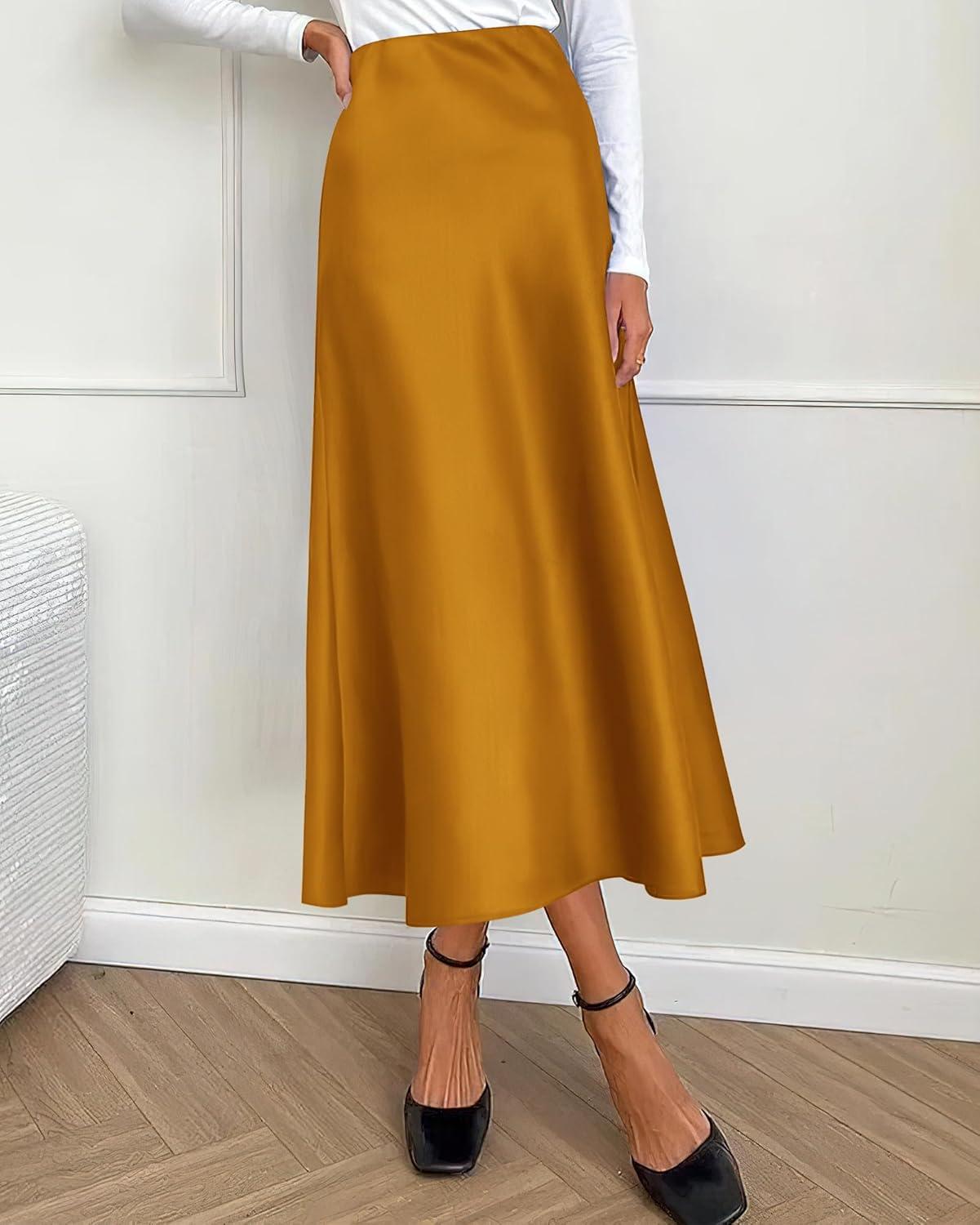 imageBTFBM 2025 Womens Summer Fall Long Satin Skirt Silk Elegant High Waist Cocktail Party Wedding Flowy ALine Midi SkirtsBrown Yellow