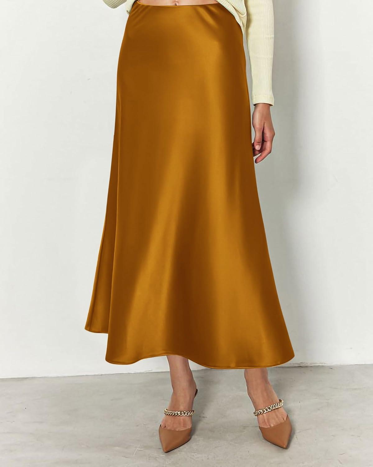 imageBTFBM 2025 Womens Summer Fall Long Satin Skirt Silk Elegant High Waist Cocktail Party Wedding Flowy ALine Midi SkirtsBrown Yellow