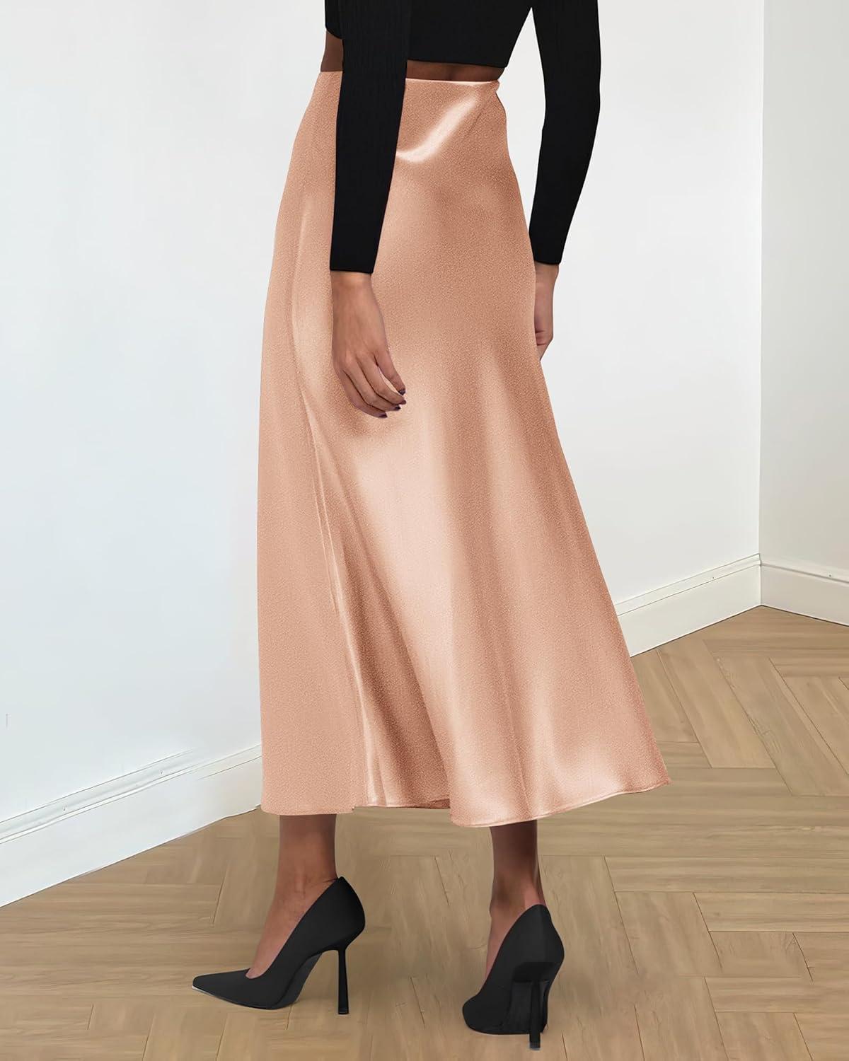 imageBTFBM 2025 Womens Summer Fall Long Satin Skirt Silk Elegant High Waist Cocktail Party Wedding Flowy ALine Midi SkirtsChampagne
