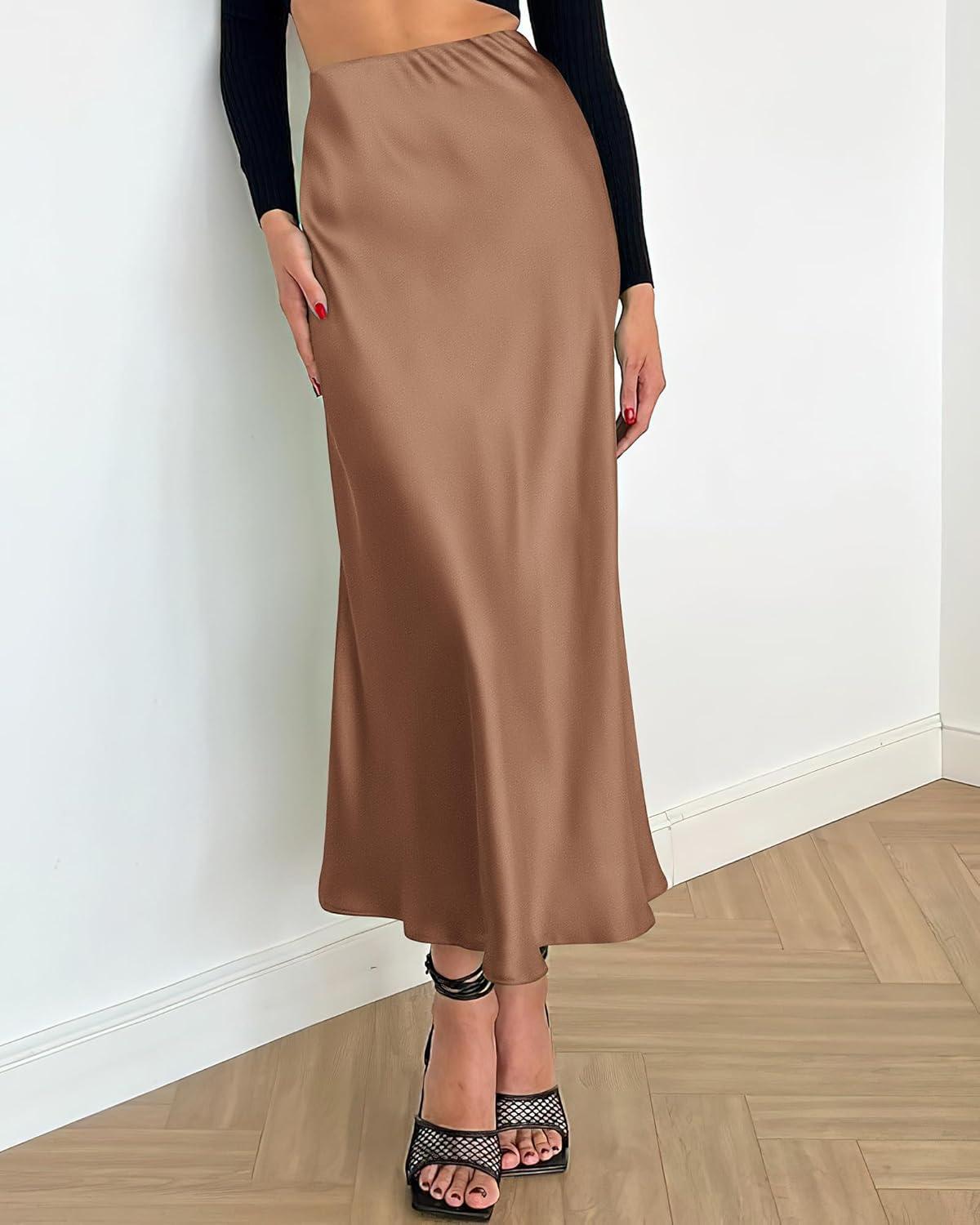 imageBTFBM 2025 Womens Summer Fall Long Satin Skirt Silk Elegant High Waist Cocktail Party Wedding Flowy ALine Midi SkirtsCoffee