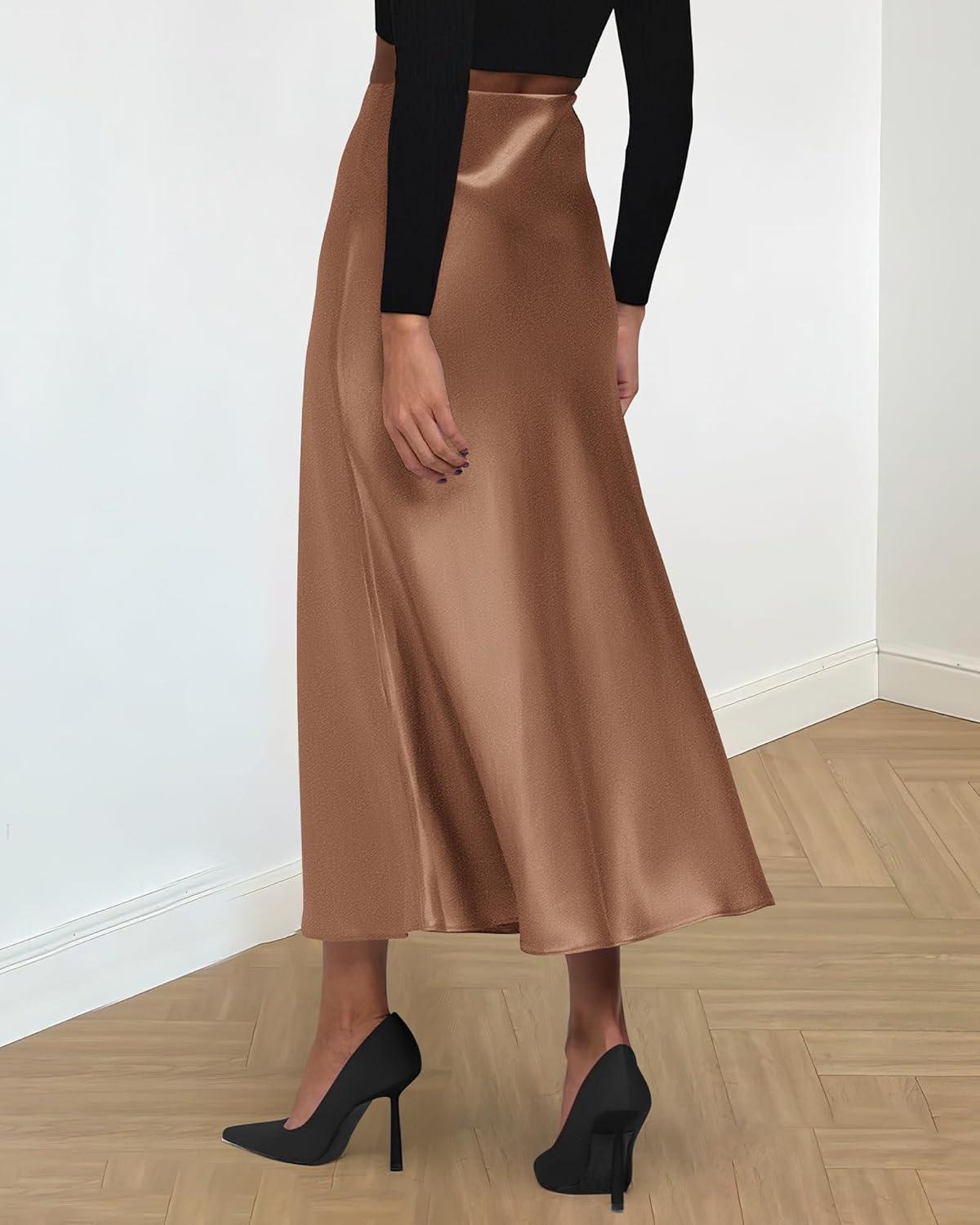 imageBTFBM 2025 Womens Summer Fall Long Satin Skirt Silk Elegant High Waist Cocktail Party Wedding Flowy ALine Midi SkirtsCoffee
