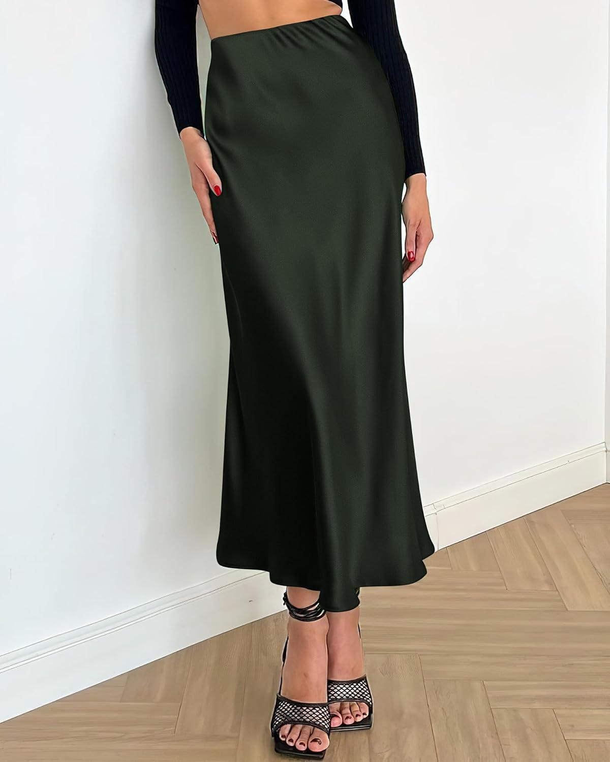 imageBTFBM 2025 Womens Summer Fall Long Satin Skirt Silk Elegant High Waist Cocktail Party Wedding Flowy ALine Midi SkirtsDark Army Green