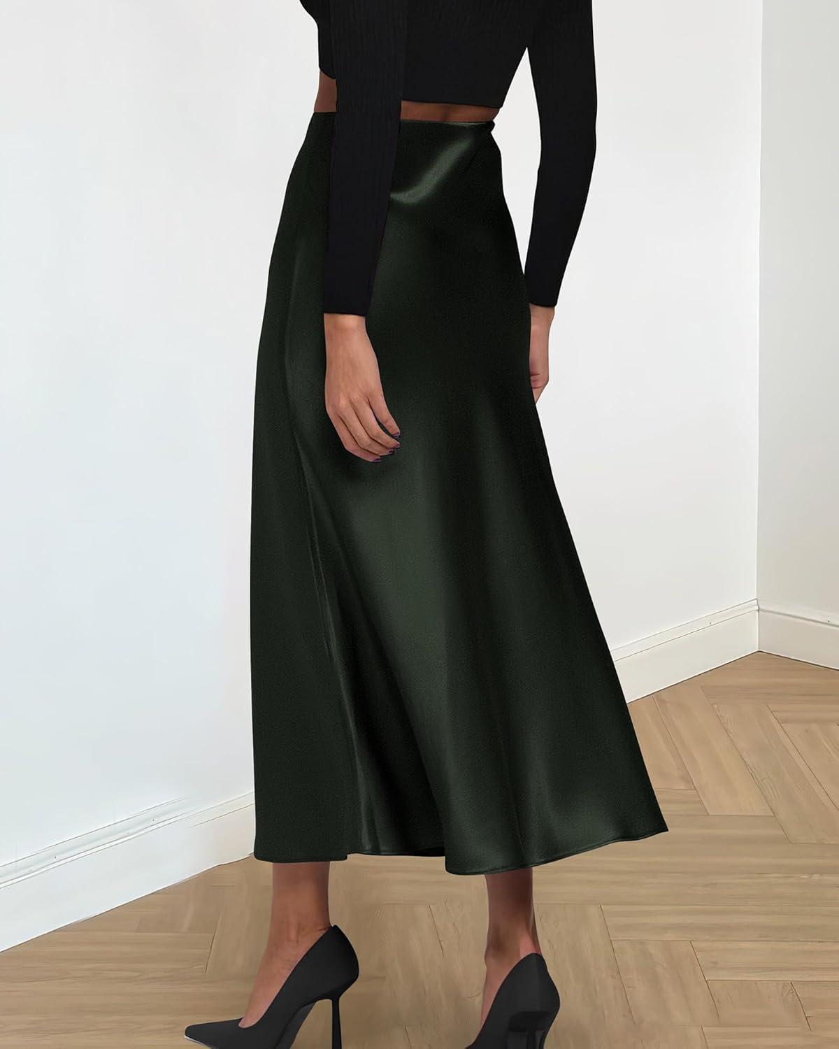 imageBTFBM 2025 Womens Summer Fall Long Satin Skirt Silk Elegant High Waist Cocktail Party Wedding Flowy ALine Midi SkirtsDark Army Green