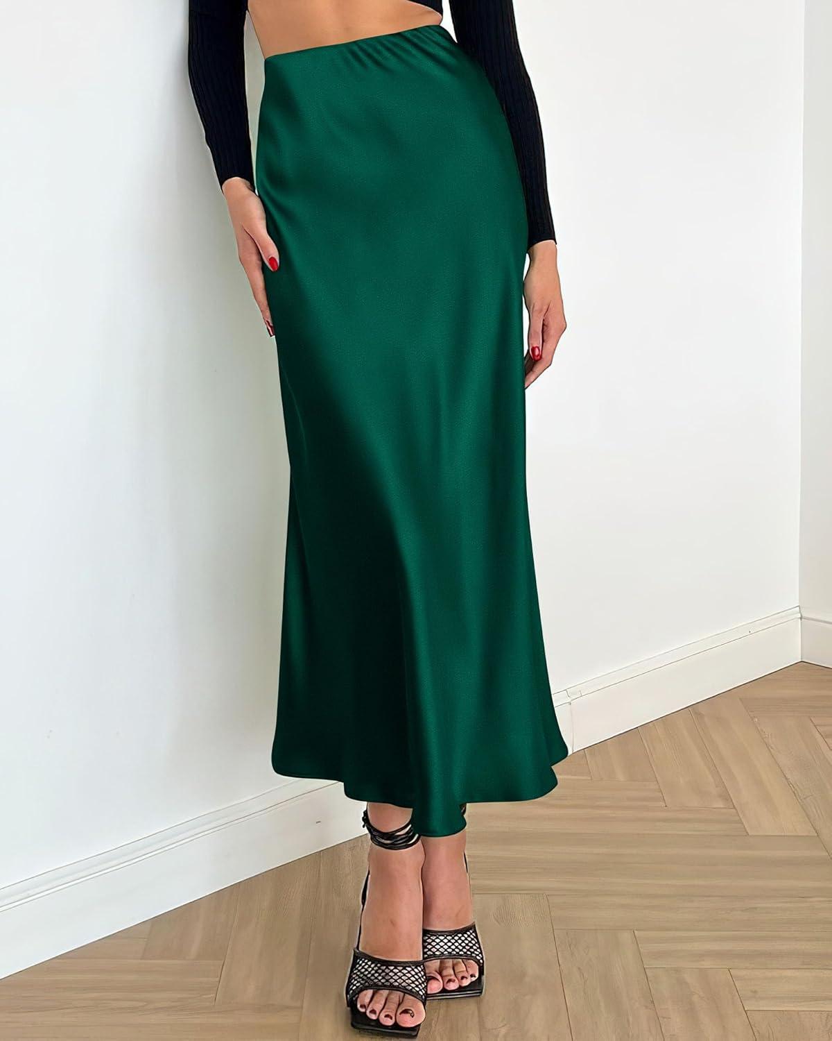 imageBTFBM 2025 Womens Summer Fall Long Satin Skirt Silk Elegant High Waist Cocktail Party Wedding Flowy ALine Midi SkirtsDark Green