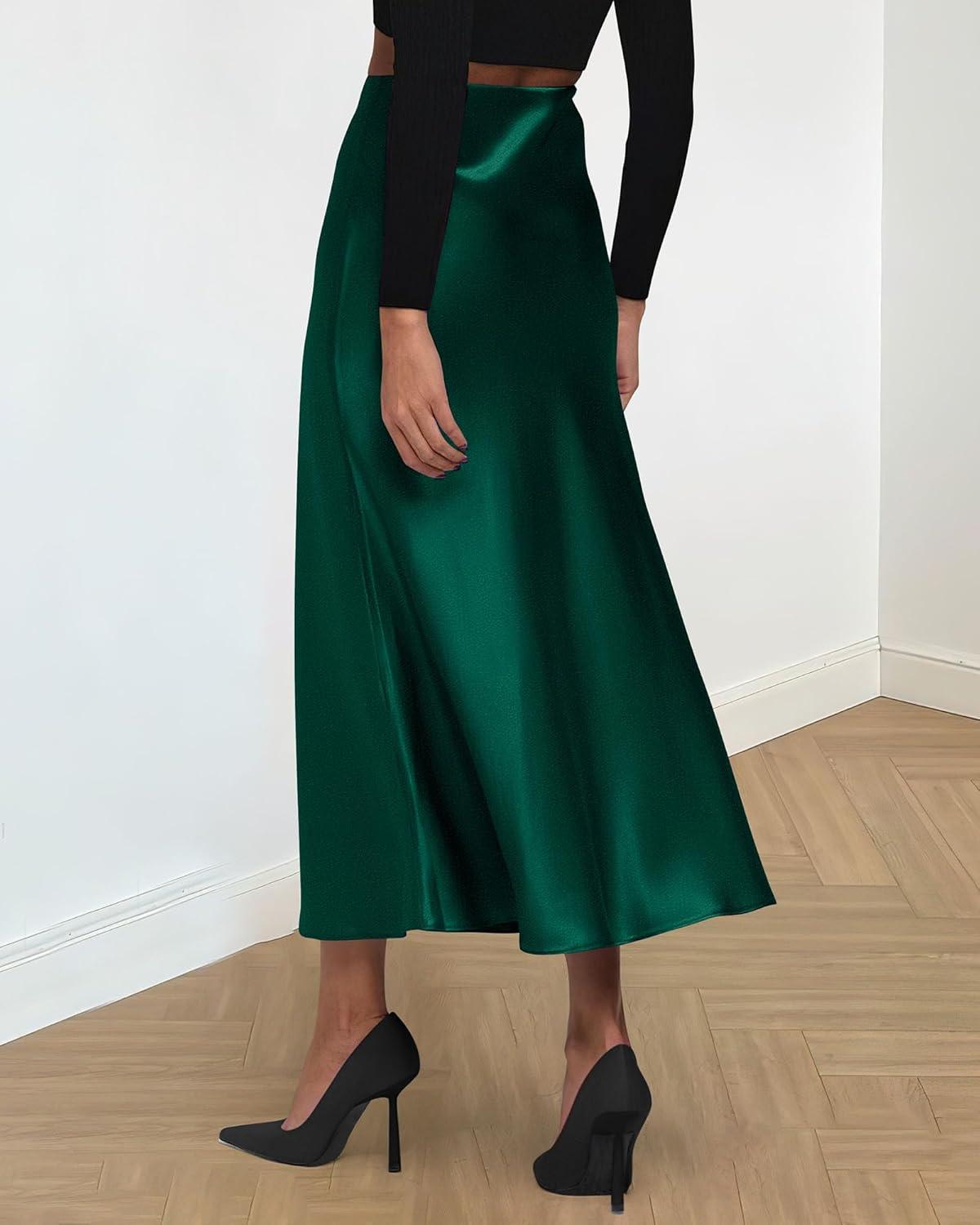 imageBTFBM 2025 Womens Summer Fall Long Satin Skirt Silk Elegant High Waist Cocktail Party Wedding Flowy ALine Midi SkirtsDark Green