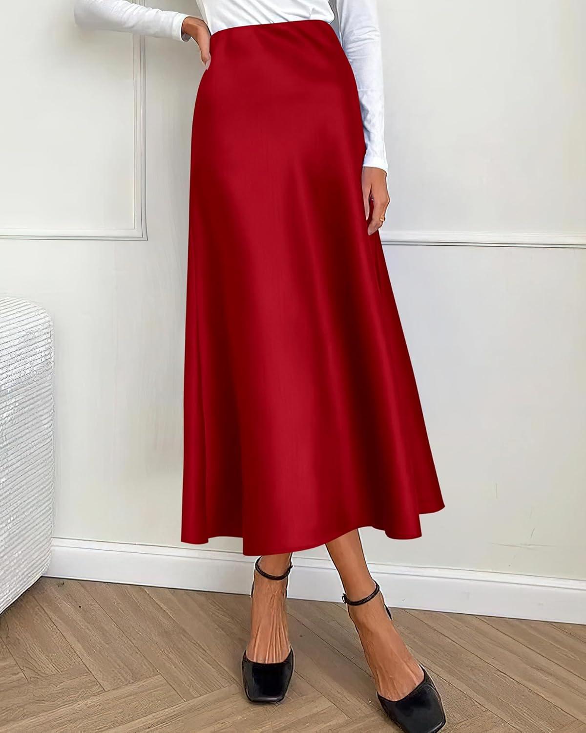 imageBTFBM 2025 Womens Summer Fall Long Satin Skirt Silk Elegant High Waist Cocktail Party Wedding Flowy ALine Midi SkirtsDark Red