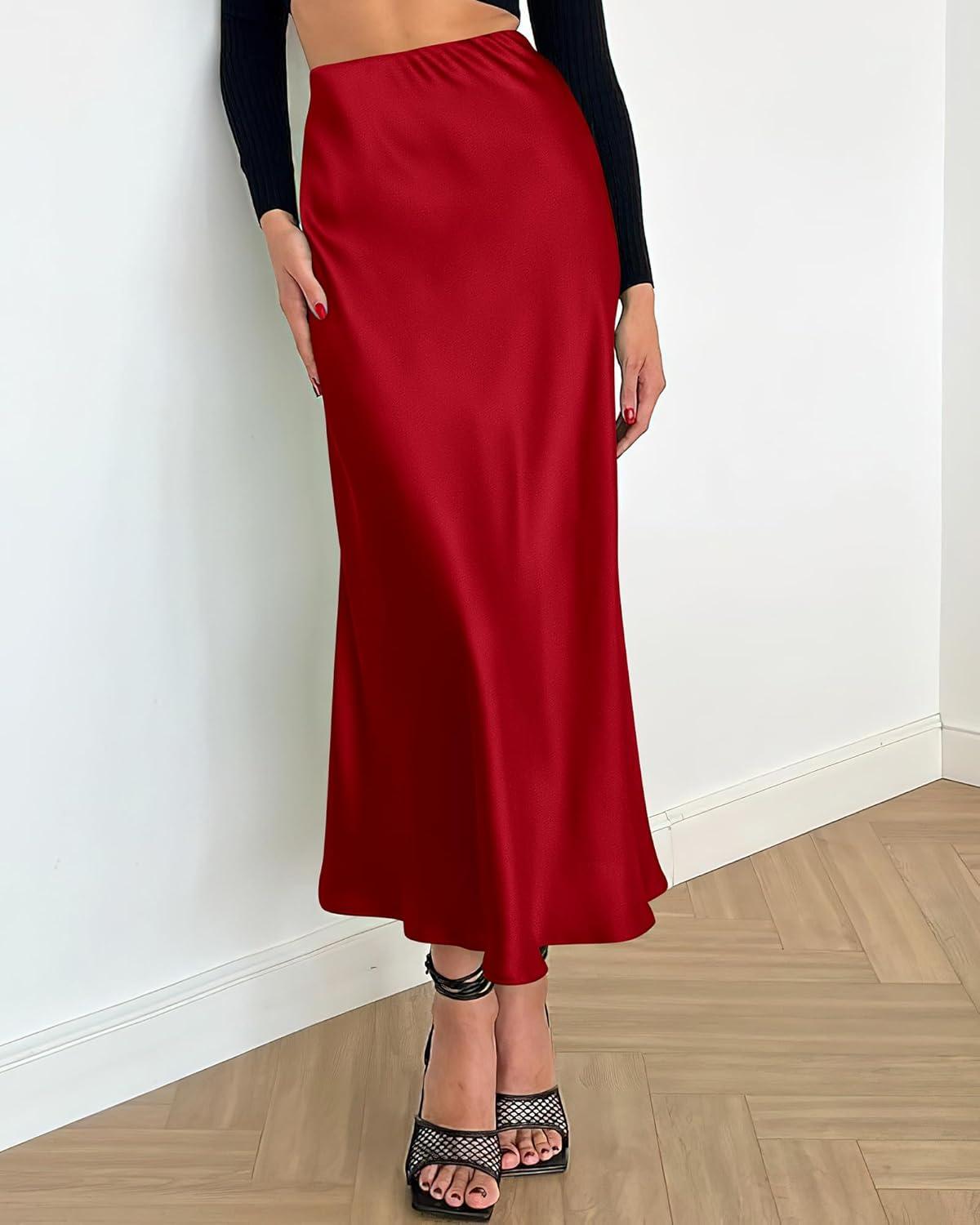 imageBTFBM 2025 Womens Summer Fall Long Satin Skirt Silk Elegant High Waist Cocktail Party Wedding Flowy ALine Midi SkirtsDark Red