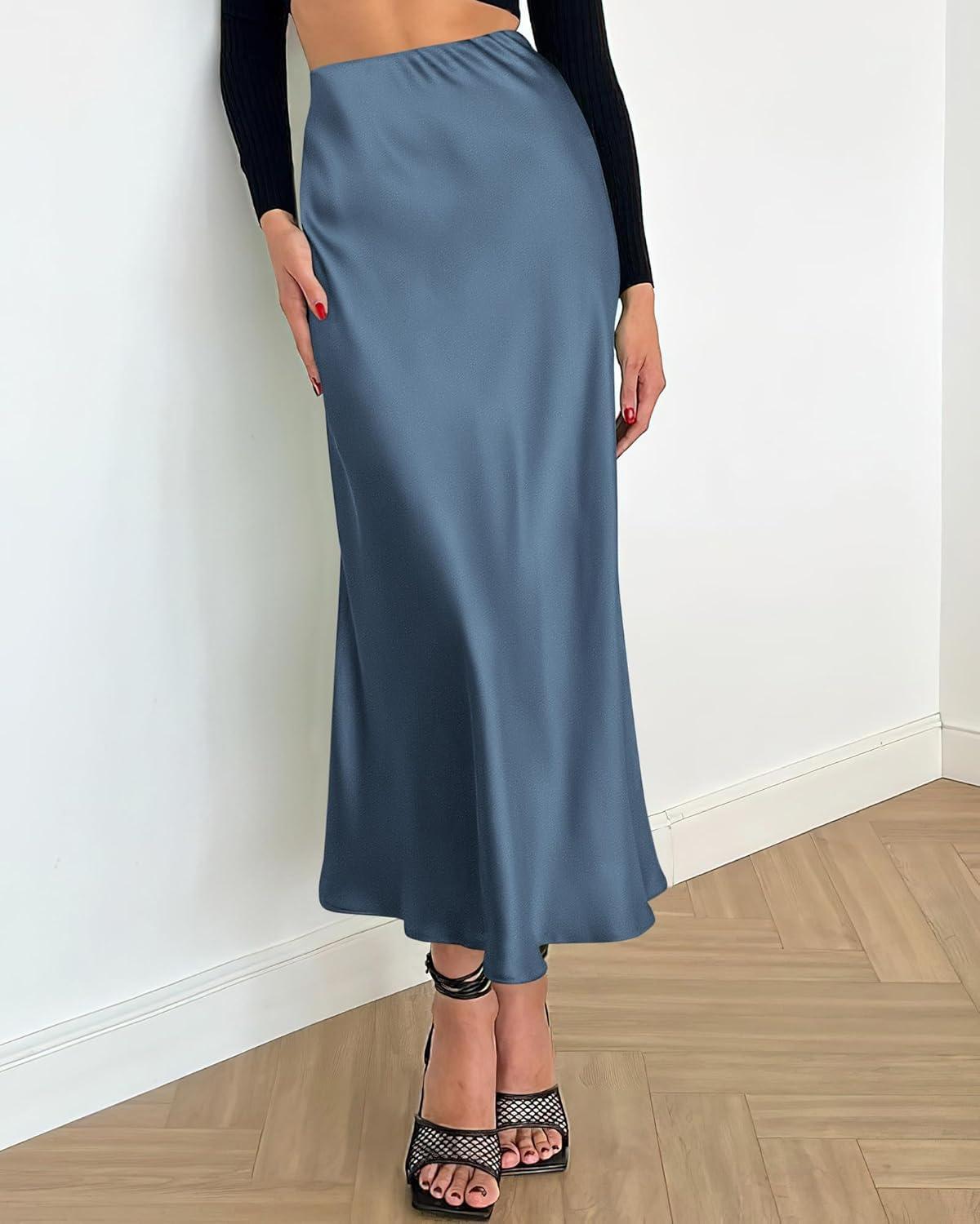 imageBTFBM 2025 Womens Summer Fall Long Satin Skirt Silk Elegant High Waist Cocktail Party Wedding Flowy ALine Midi SkirtsGrey Blue