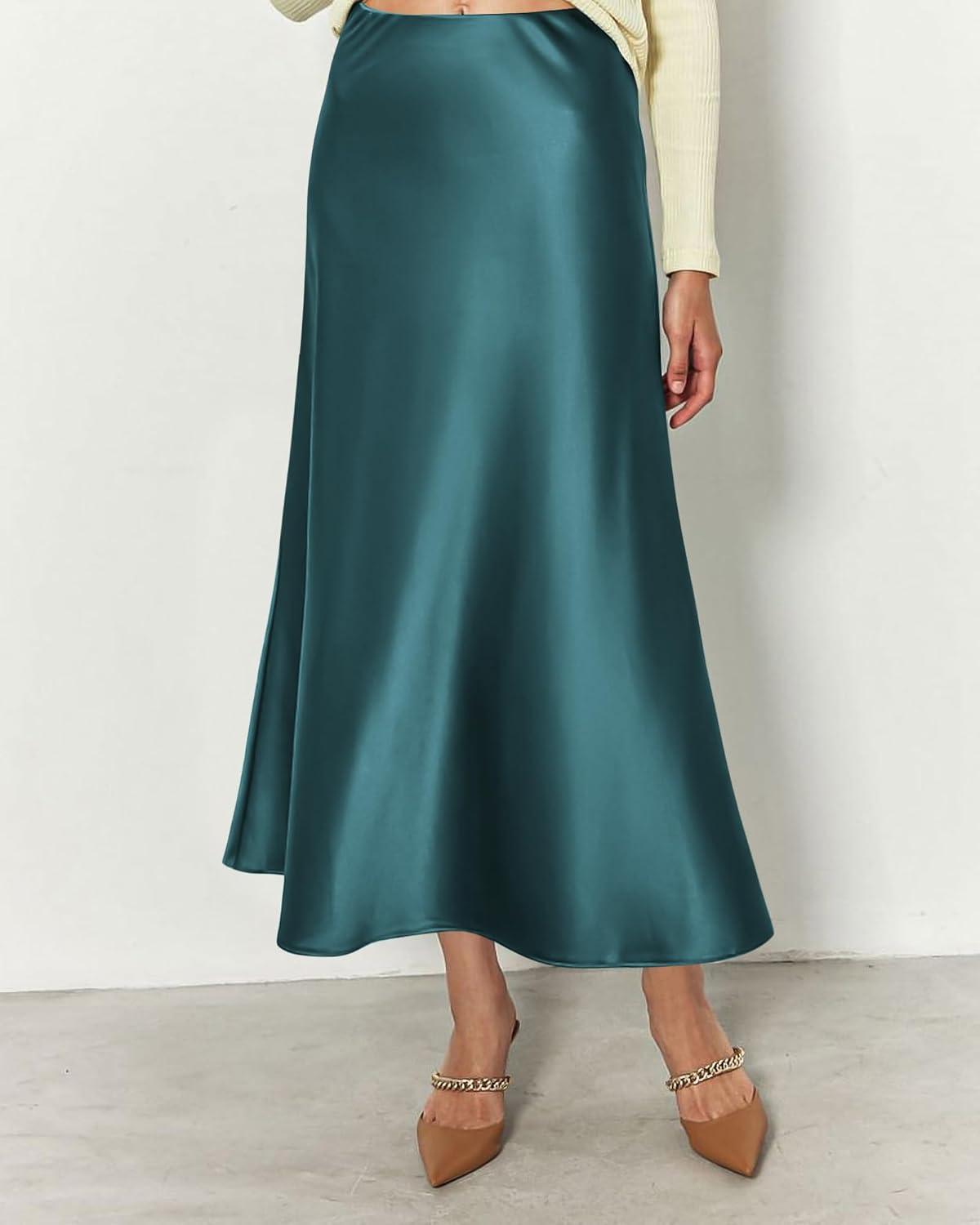 imageBTFBM 2025 Womens Summer Fall Long Satin Skirt Silk Elegant High Waist Cocktail Party Wedding Flowy ALine Midi SkirtsLake Blue