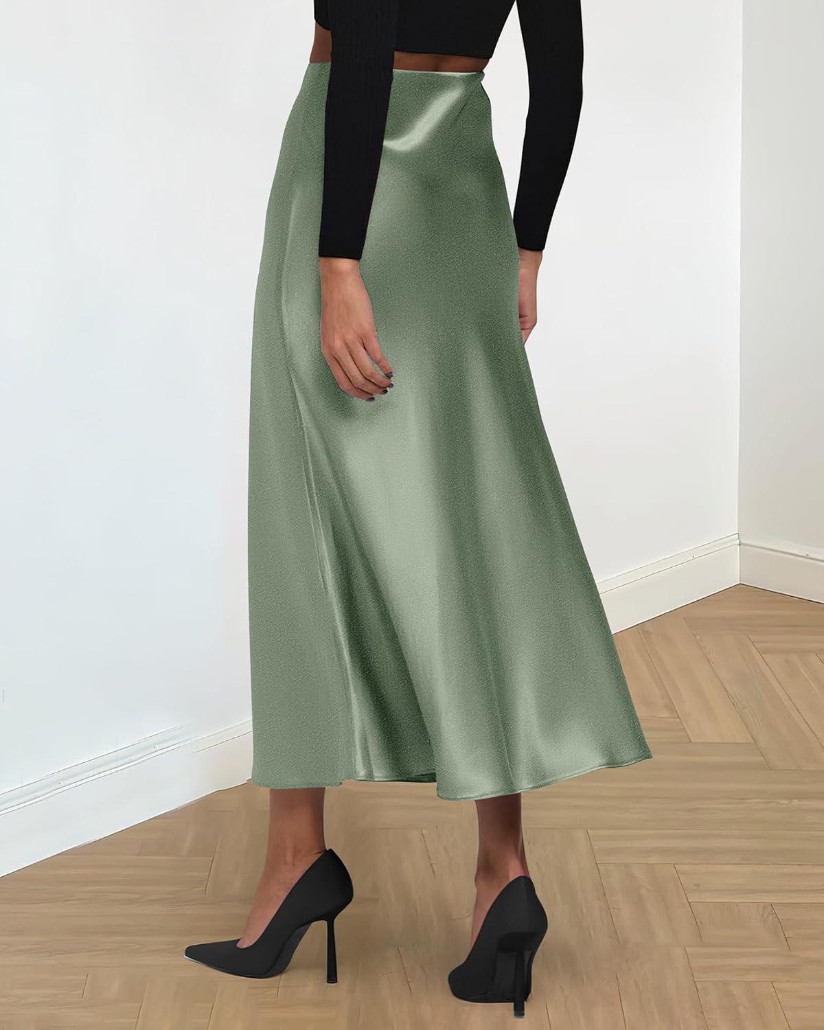imageBTFBM 2025 Womens Summer Fall Long Satin Skirt Silk Elegant High Waist Cocktail Party Wedding Flowy ALine Midi SkirtsLight Green