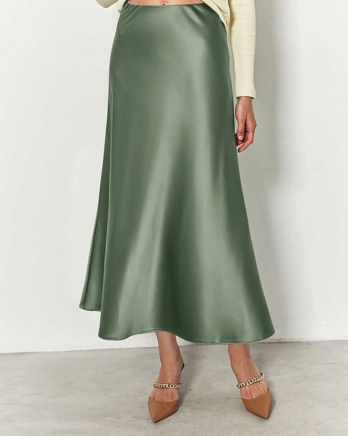 imageBTFBM 2025 Womens Summer Fall Long Satin Skirt Silk Elegant High Waist Cocktail Party Wedding Flowy ALine Midi SkirtsLight Green