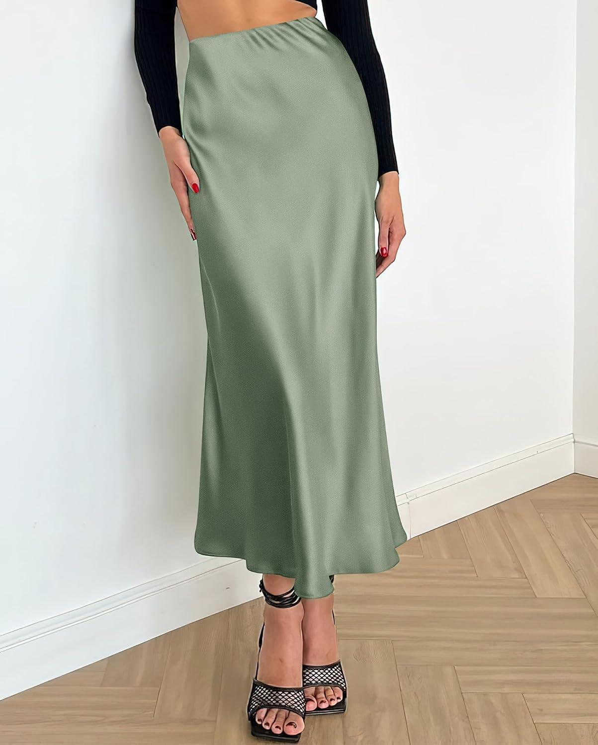 imageBTFBM 2025 Womens Summer Fall Long Satin Skirt Silk Elegant High Waist Cocktail Party Wedding Flowy ALine Midi SkirtsLight Green