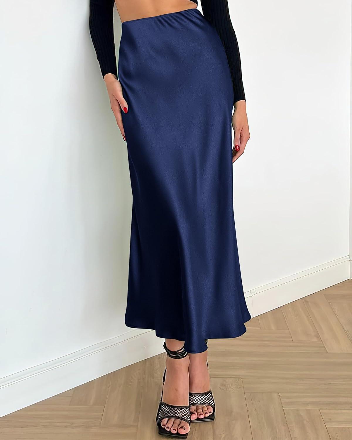 imageBTFBM 2025 Womens Summer Fall Long Satin Skirt Silk Elegant High Waist Cocktail Party Wedding Flowy ALine Midi SkirtsNavy