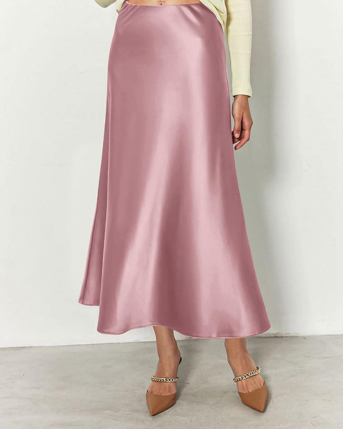 imageBTFBM 2025 Womens Summer Fall Long Satin Skirt Silk Elegant High Waist Cocktail Party Wedding Flowy ALine Midi SkirtsPink