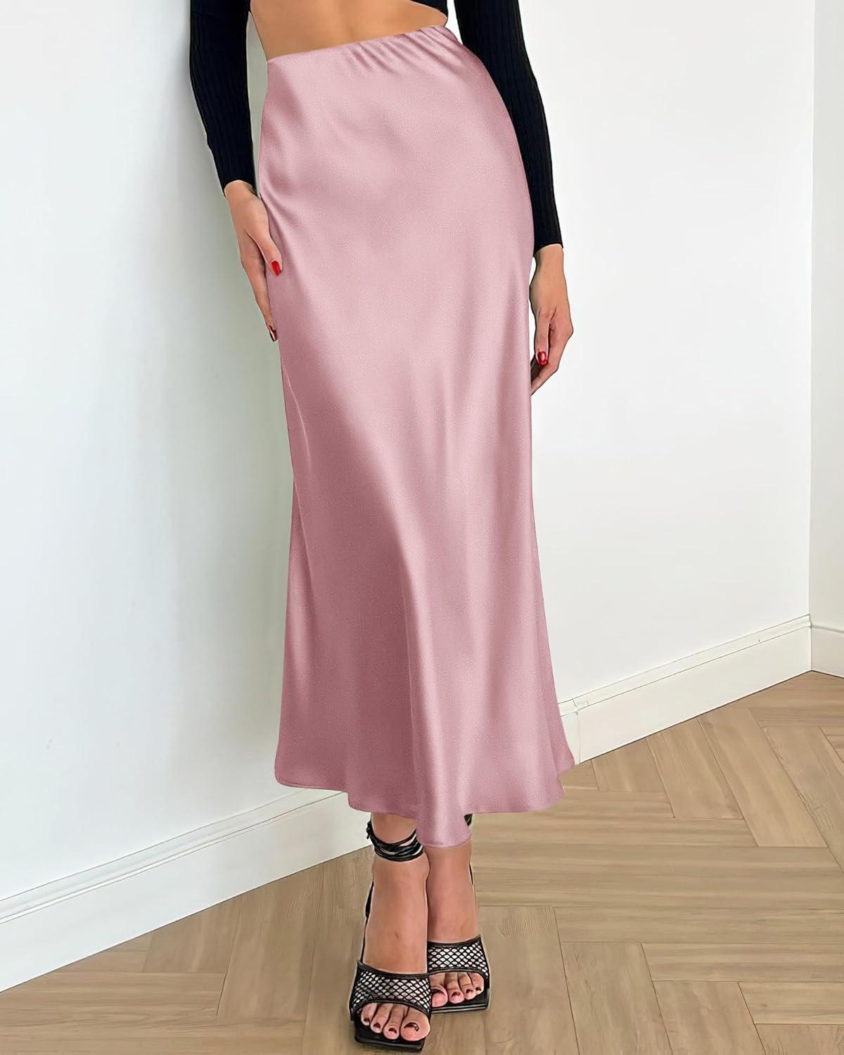 imageBTFBM 2025 Womens Summer Fall Long Satin Skirt Silk Elegant High Waist Cocktail Party Wedding Flowy ALine Midi SkirtsPink