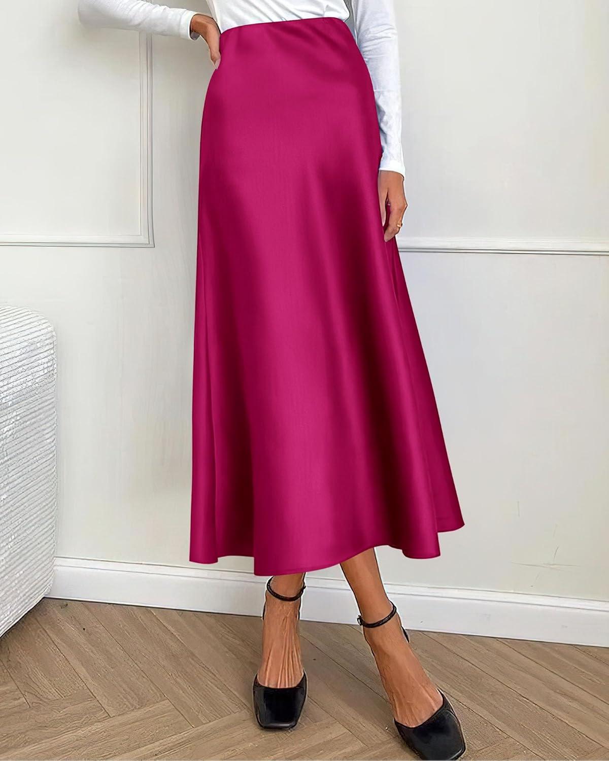 imageBTFBM 2025 Womens Summer Fall Long Satin Skirt Silk Elegant High Waist Cocktail Party Wedding Flowy ALine Midi SkirtsRose Red