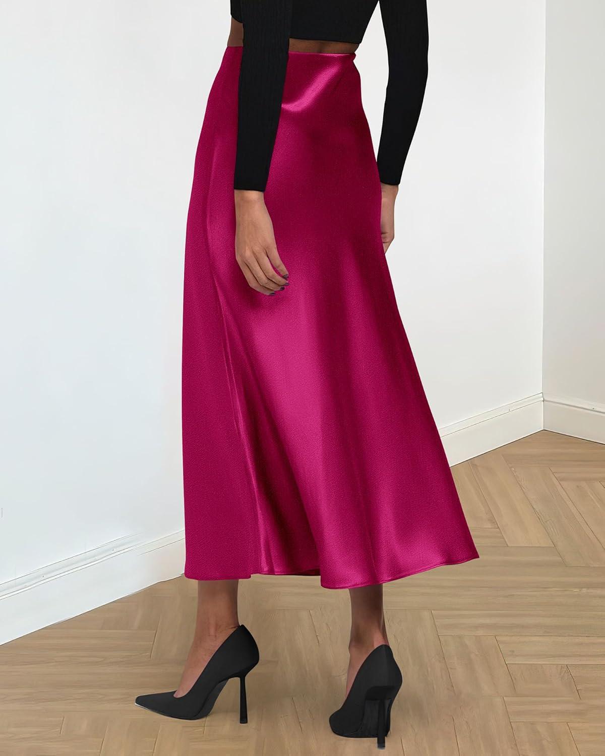 imageBTFBM 2025 Womens Summer Fall Long Satin Skirt Silk Elegant High Waist Cocktail Party Wedding Flowy ALine Midi SkirtsRose Red