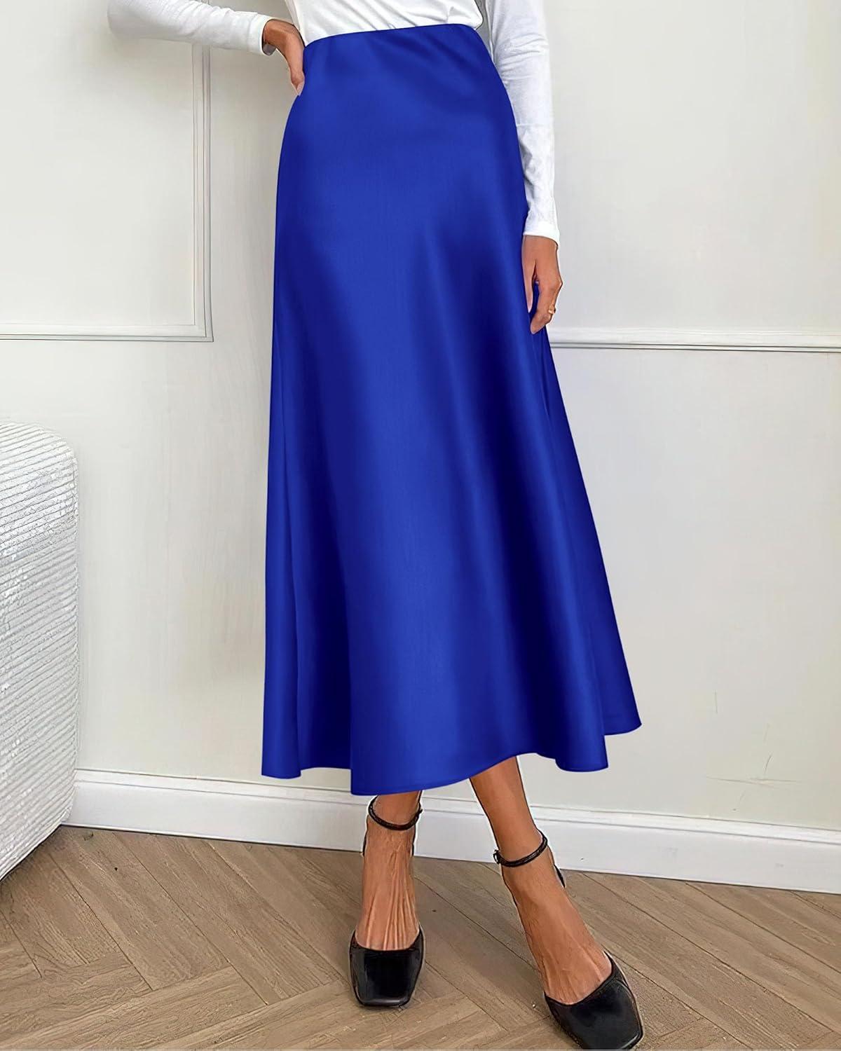 imageBTFBM 2025 Womens Summer Fall Long Satin Skirt Silk Elegant High Waist Cocktail Party Wedding Flowy ALine Midi SkirtsRoyal Blue