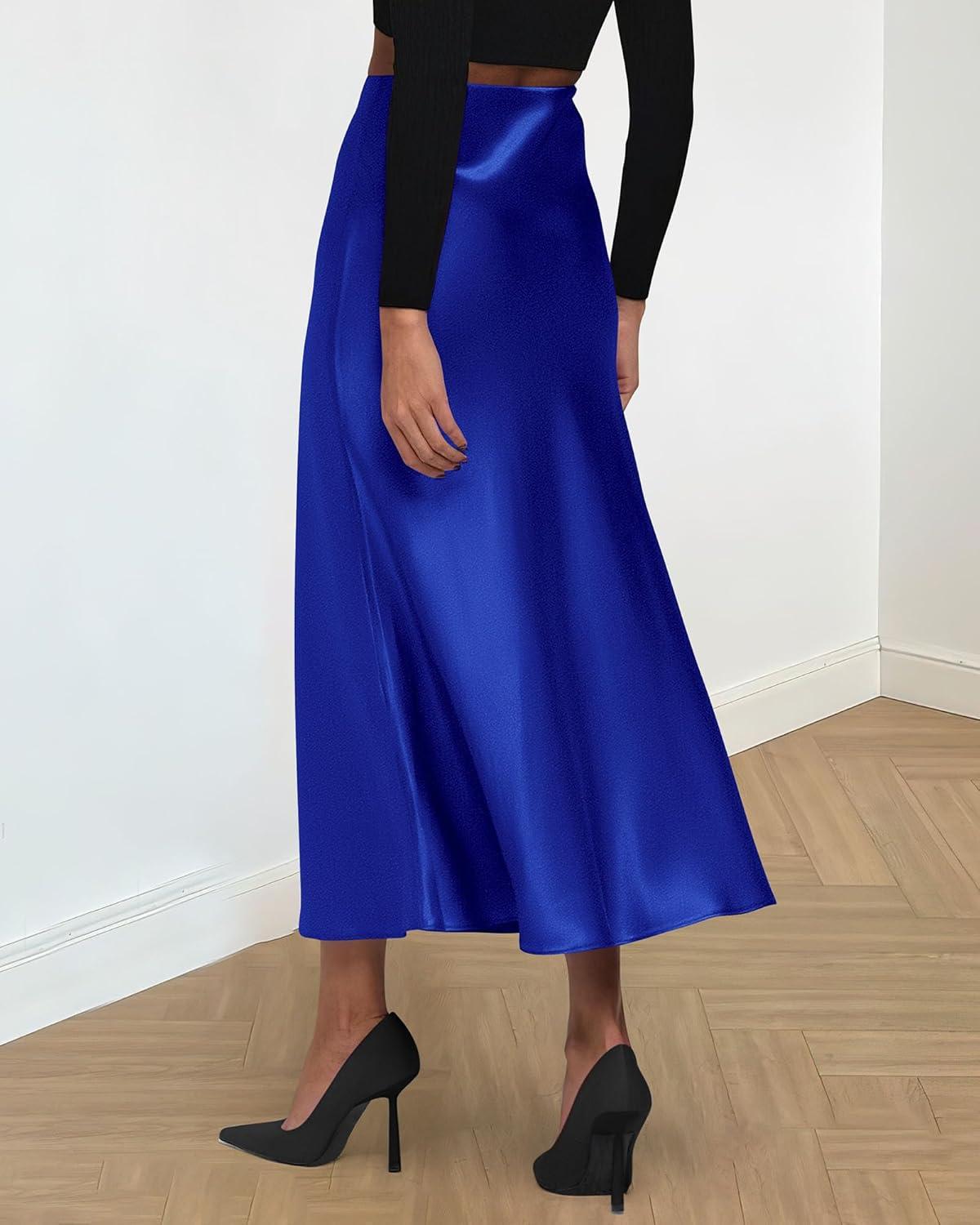 imageBTFBM 2025 Womens Summer Fall Long Satin Skirt Silk Elegant High Waist Cocktail Party Wedding Flowy ALine Midi SkirtsRoyal Blue