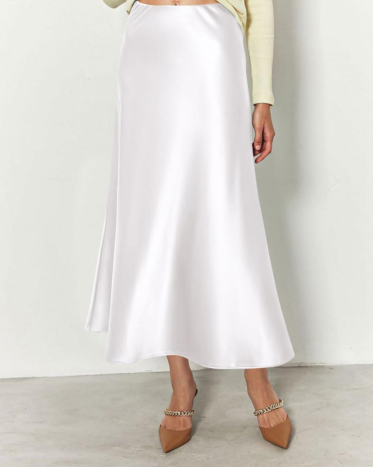 imageBTFBM 2025 Womens Summer Fall Long Satin Skirt Silk Elegant High Waist Cocktail Party Wedding Flowy ALine Midi SkirtsWhite