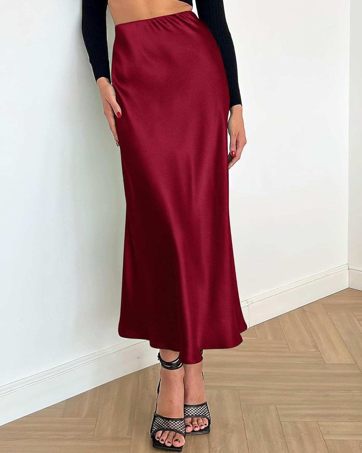 imageBTFBM 2025 Womens Summer Fall Long Satin Skirt Silk Elegant High Waist Cocktail Party Wedding Flowy ALine Midi SkirtsWine Red