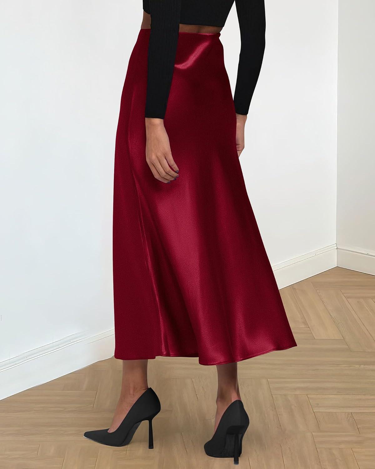 imageBTFBM 2025 Womens Summer Fall Long Satin Skirt Silk Elegant High Waist Cocktail Party Wedding Flowy ALine Midi SkirtsWine Red
