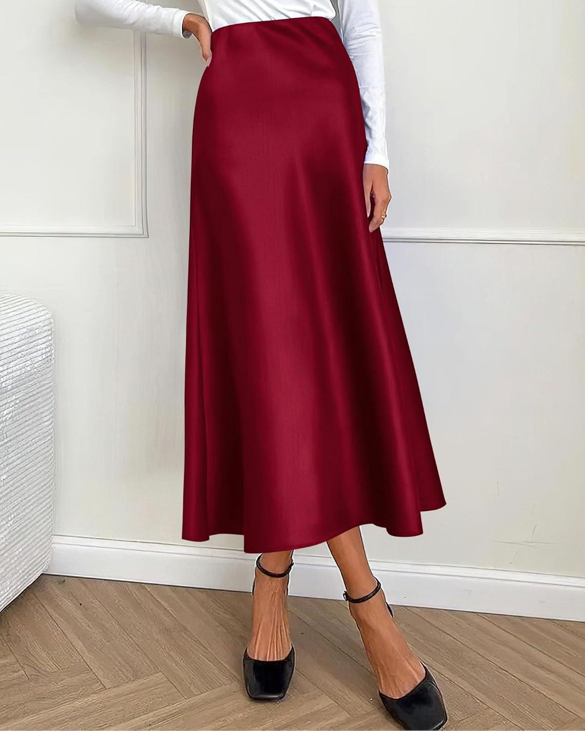 imageBTFBM 2025 Womens Summer Fall Long Satin Skirt Silk Elegant High Waist Cocktail Party Wedding Flowy ALine Midi SkirtsWine Red
