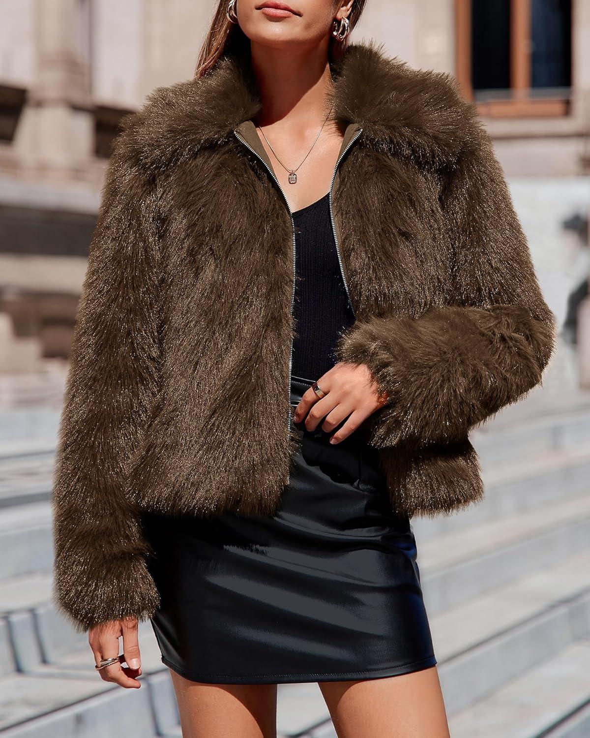 imageBTFBM Faux Fur Jacket Women Fluffy Winter Coats Zip Up Fuzzy Jackets Long Sleeve Furry Coat Shaggy 2025 Fall ClothesBrown